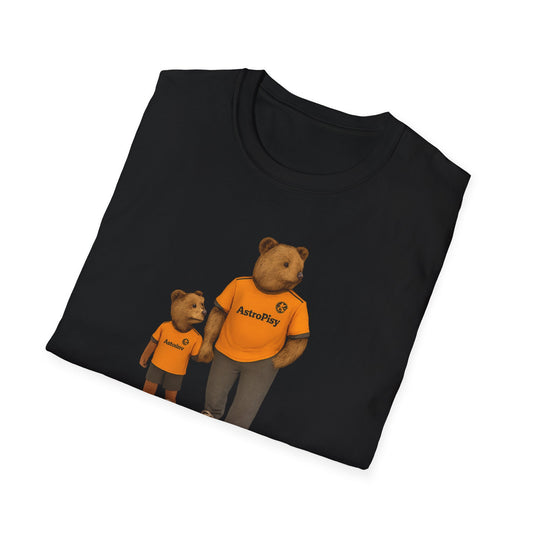 Black t-shirt with illustration of two bears wearing orange AstroPisy logo shirts holding hands
