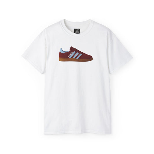 White t-shirt with graphic of burgundy and blue sneaker labeled Hammers on front