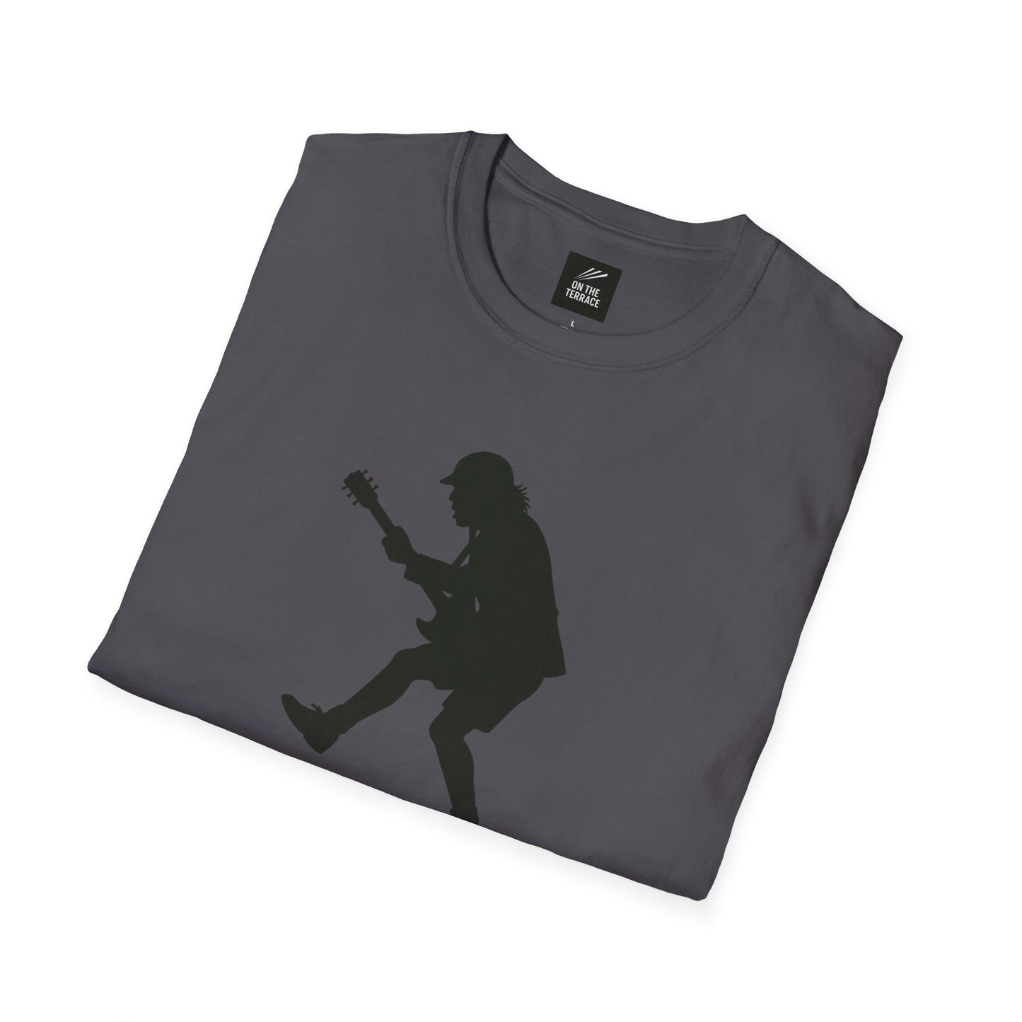 Folded dark gray t-shirt featuring black silhouette of guitarist playing electric guitar