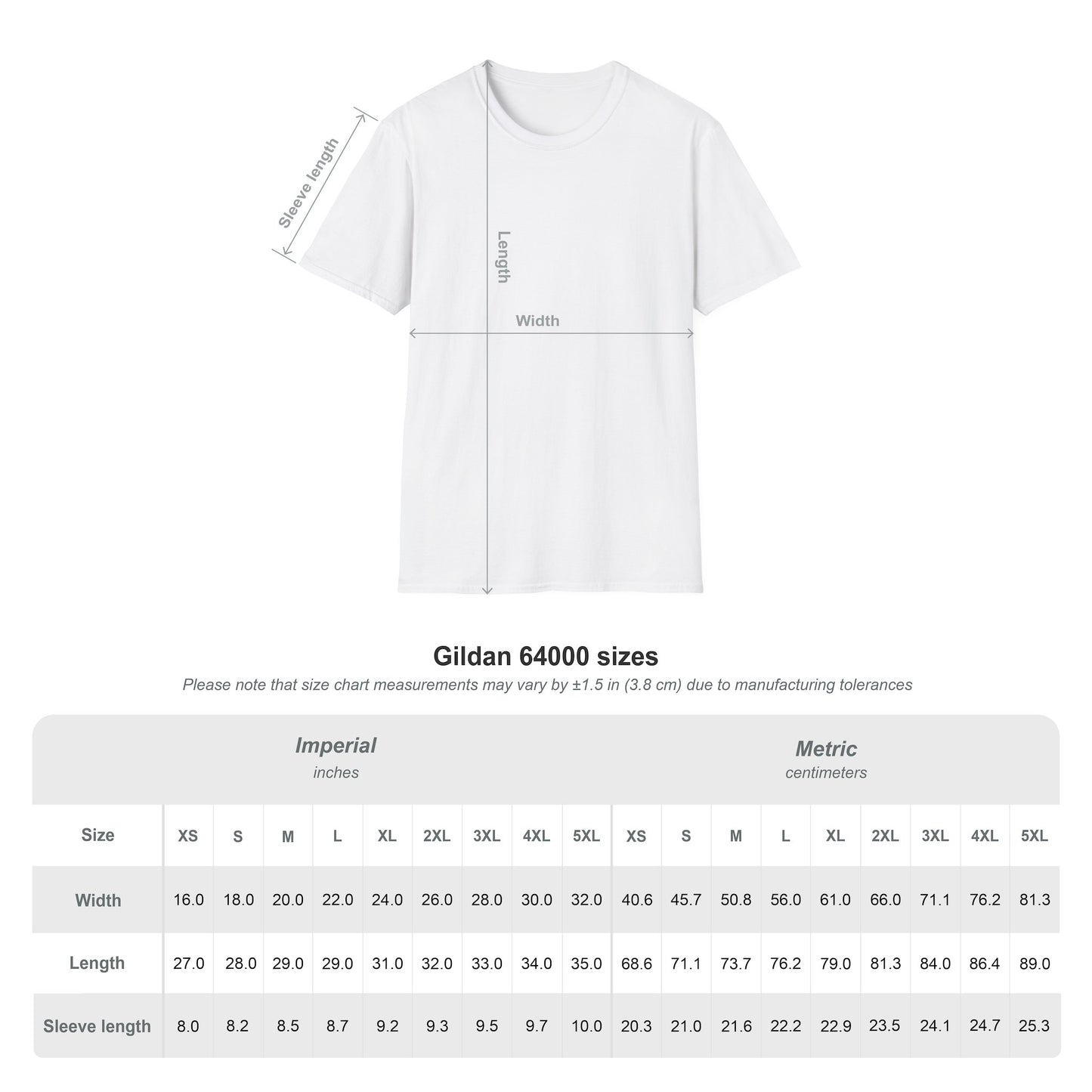 Gildan 64000 white t-shirt size chart with measurements in inches and centimeters for width, length, and sleeve length
