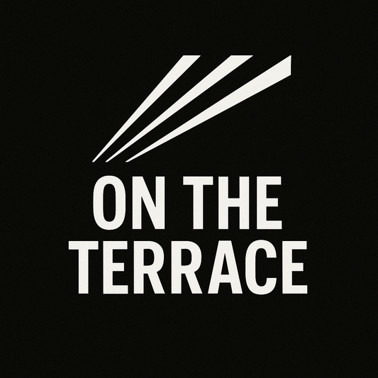 Minimalist black and white logo with text 'ON THE TERRACE' and three diagonal stripes above