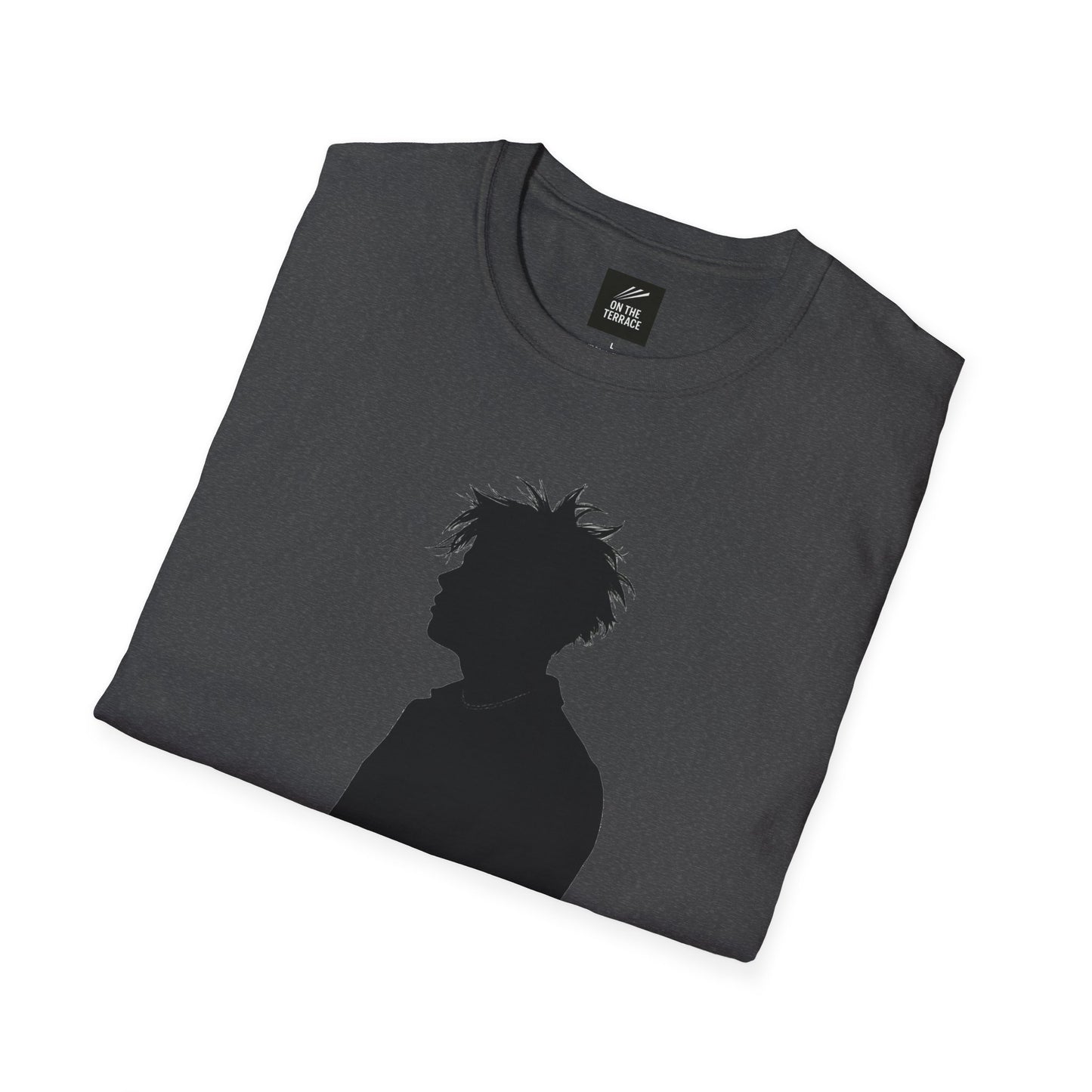 Folded dark gray t-shirt with black silhouette of person with spiky hair and necklace
