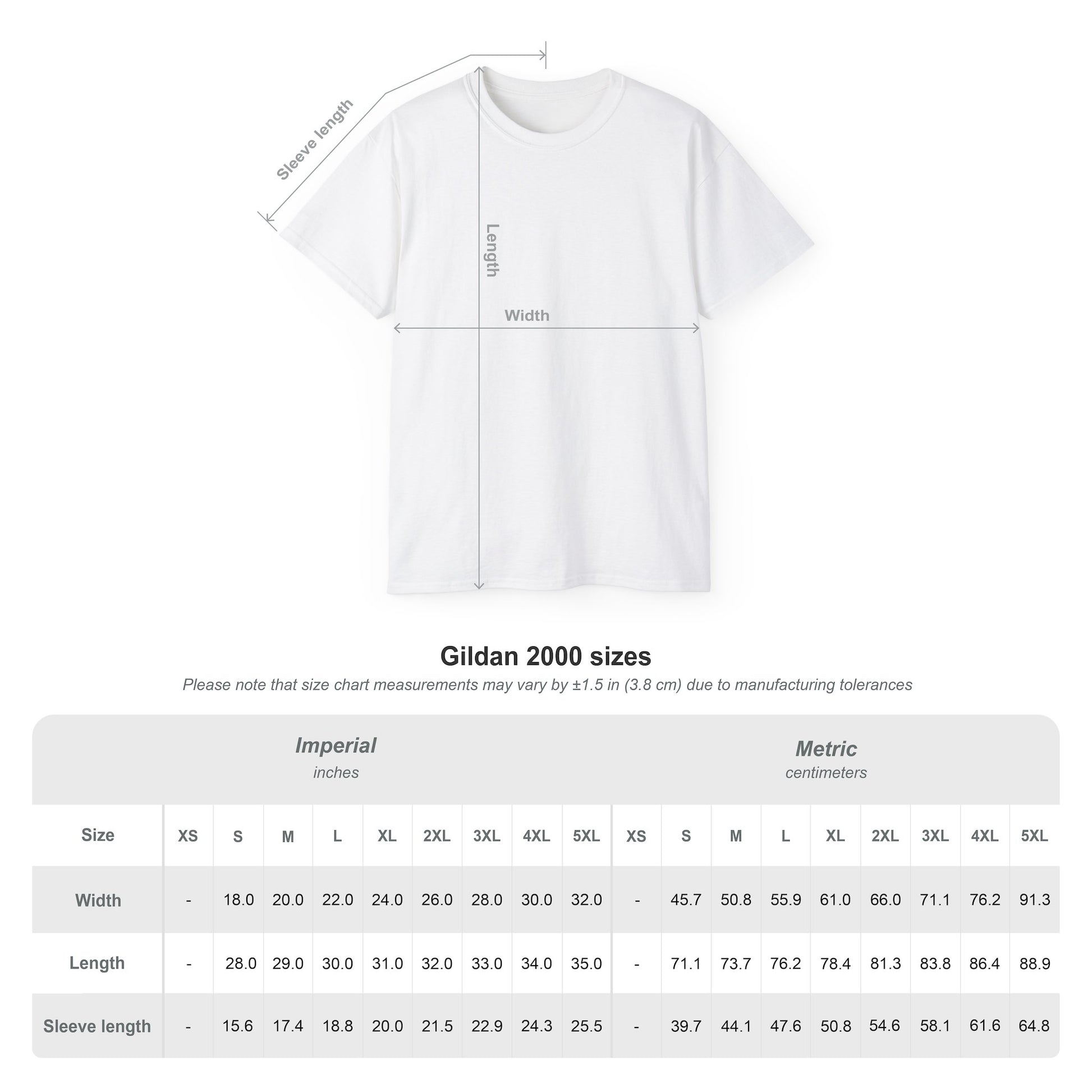 White Gildan 2000 t-shirt with size chart measuring width, length, and sleeve length
