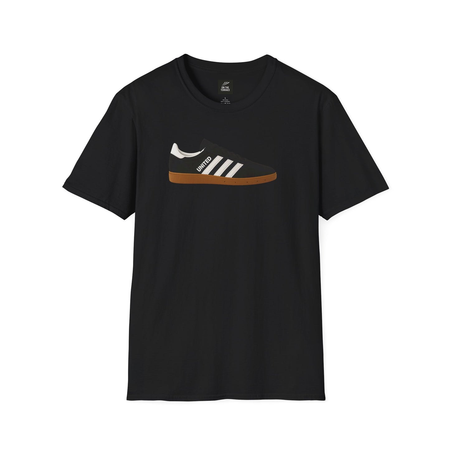 Black T-shirt featuring graphic of black sneaker with white stripes and gum sole
