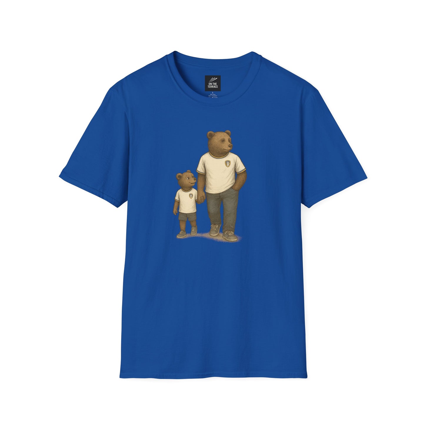 Blue t-shirt with illustration of adult and child bears holding hands wearing matching white shirts and casual pants