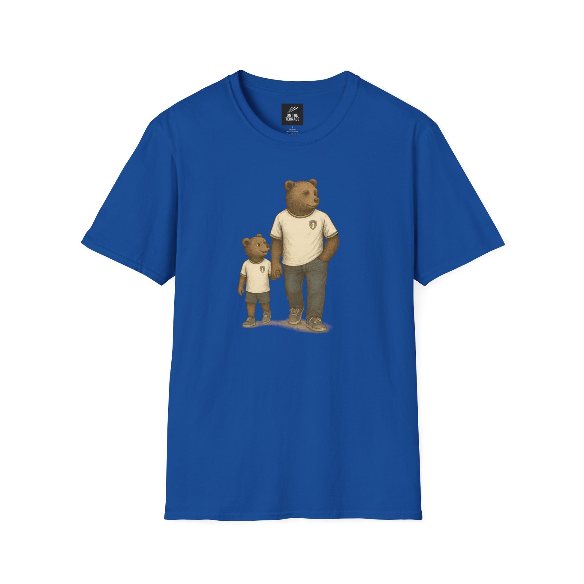Blue t-shirt with illustration of adult and child bears holding hands wearing matching white shirts and casual pants