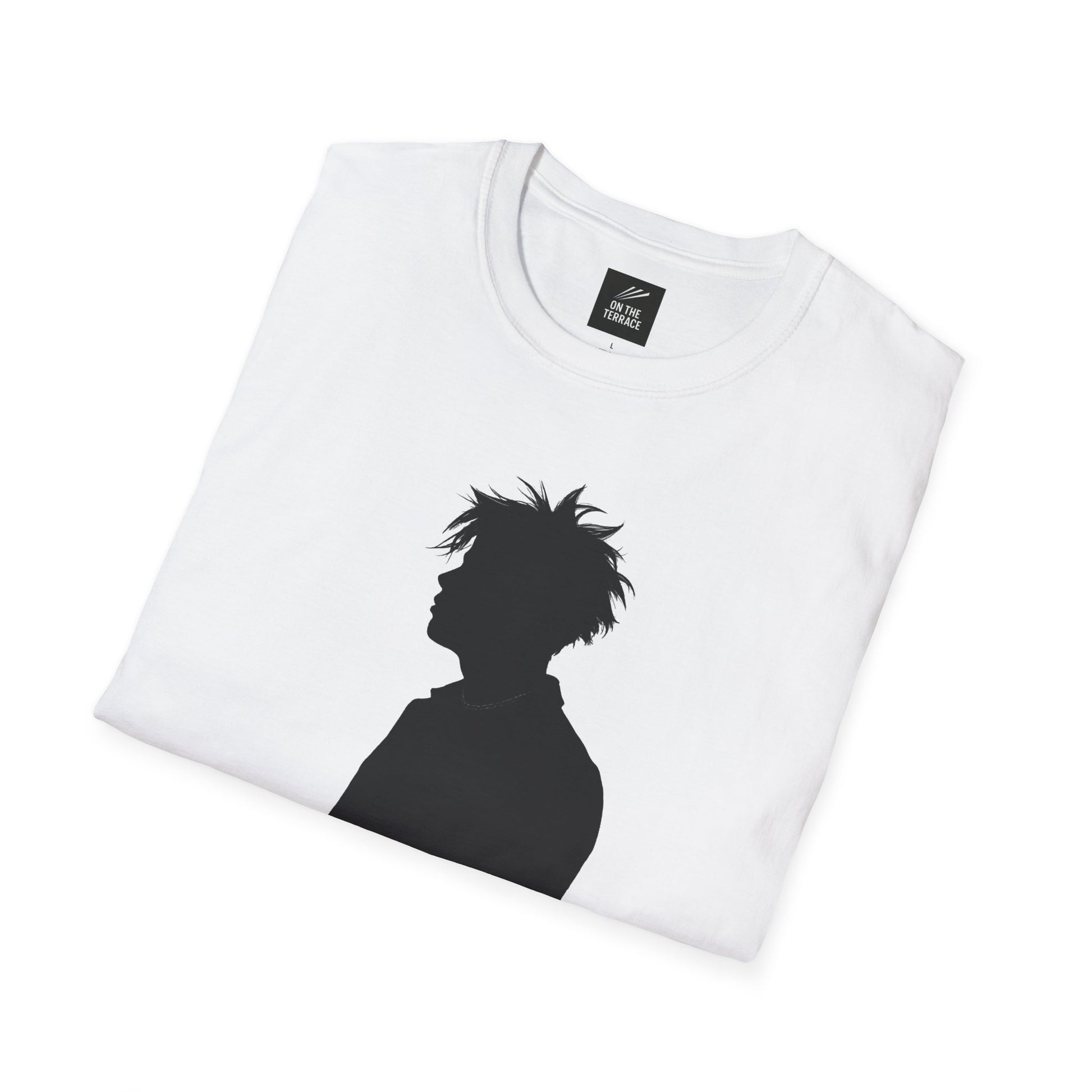 White folded t-shirt with black silhouette of a person with spiky hair and round neckline