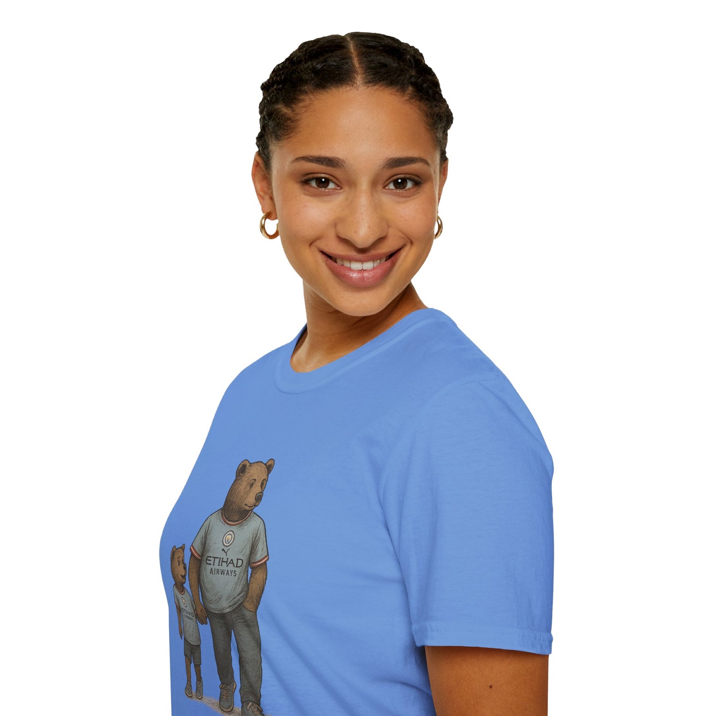 Smiling woman wearing blue T-shirt with bear illustration in Etihad Airways sportswear
