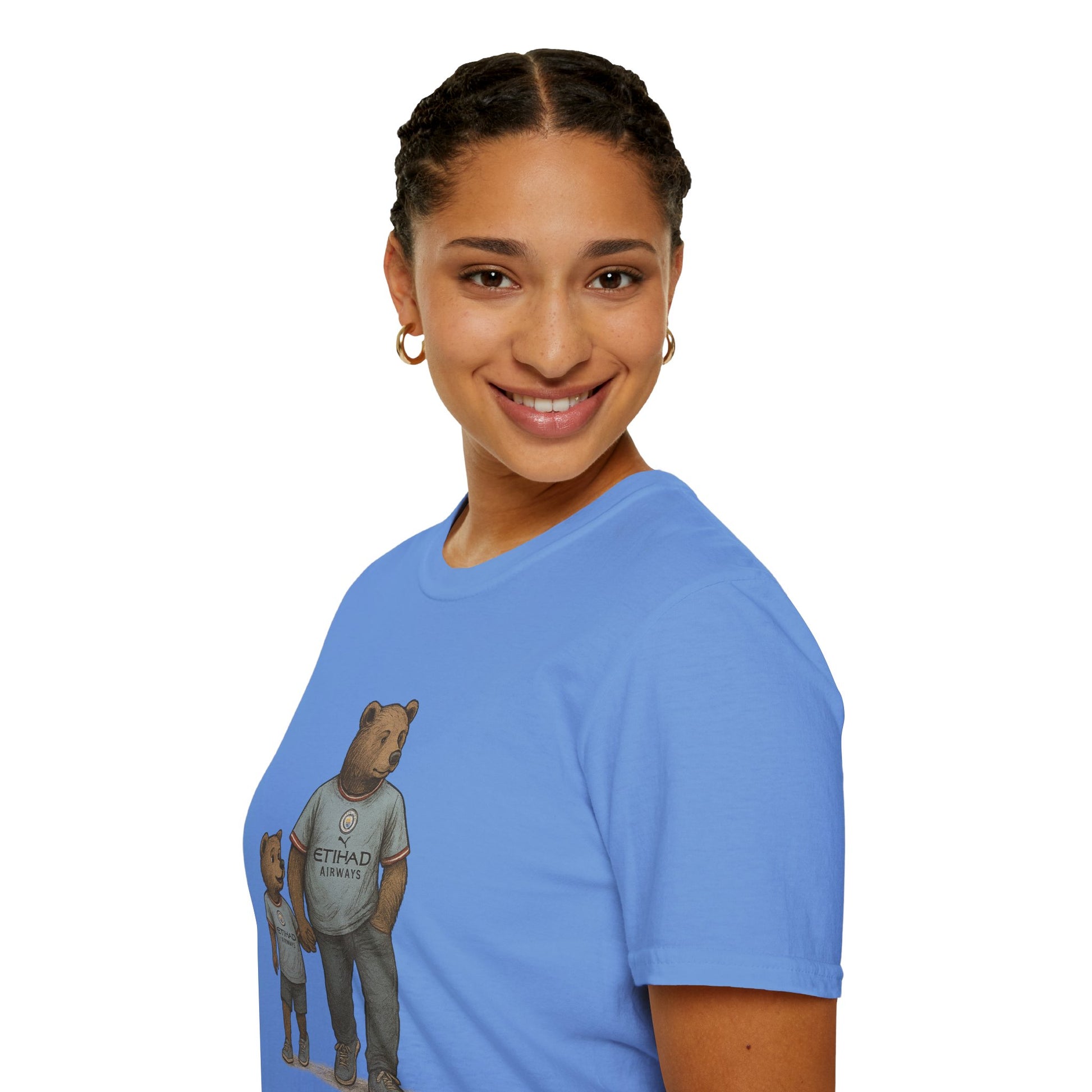 Smiling woman wearing blue T-shirt with bear illustration in Etihad Airways sportswear