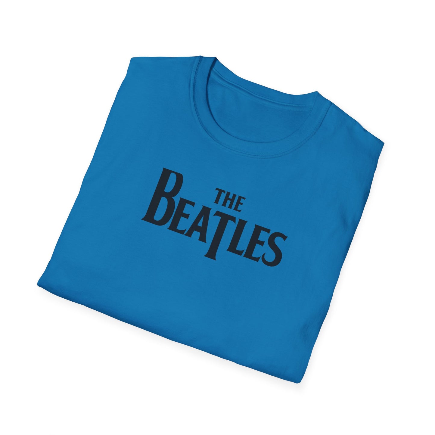 Folded blue t-shirt with 'The Beatles' logo on a white background