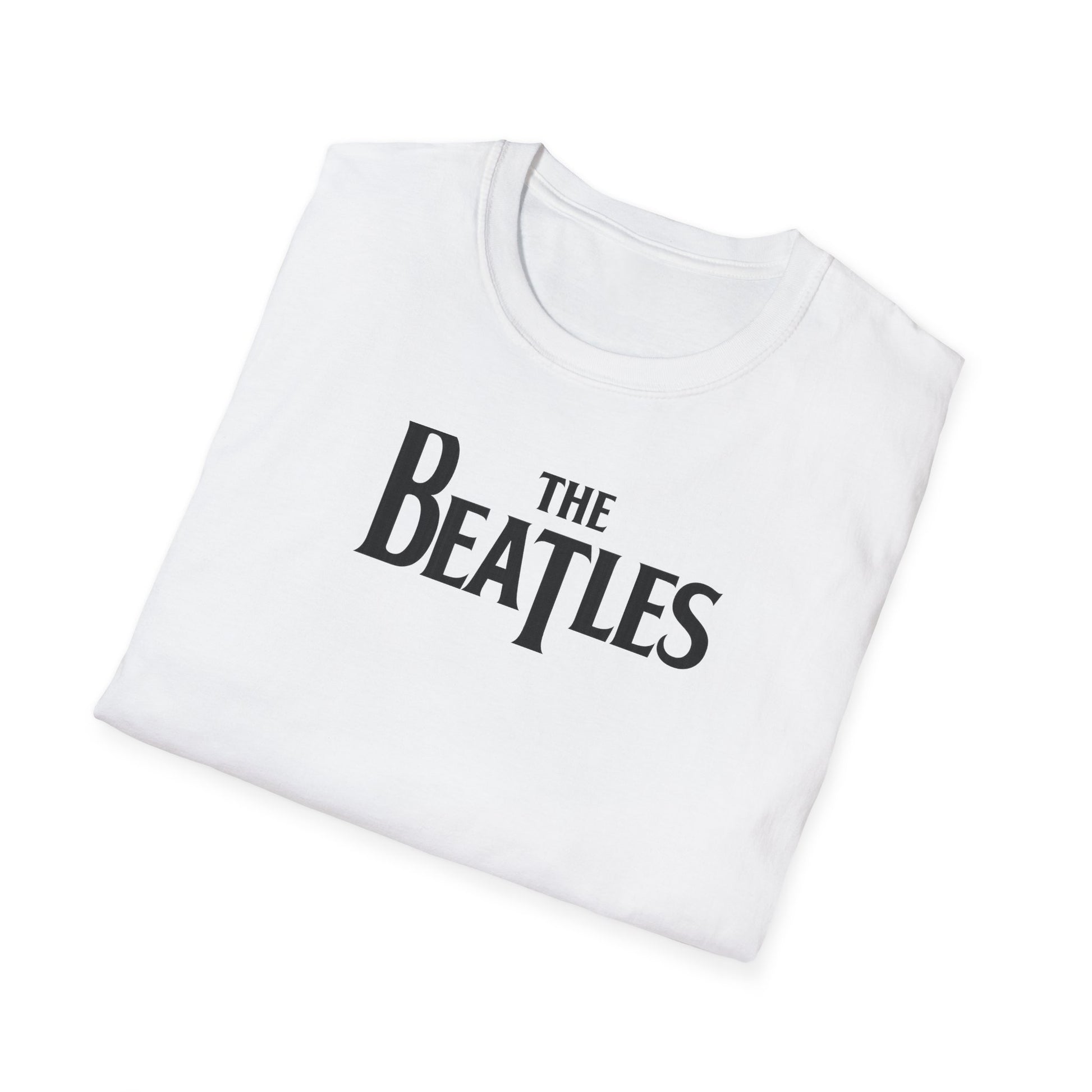 White t-shirt with 'The Beatles' logo on a white background