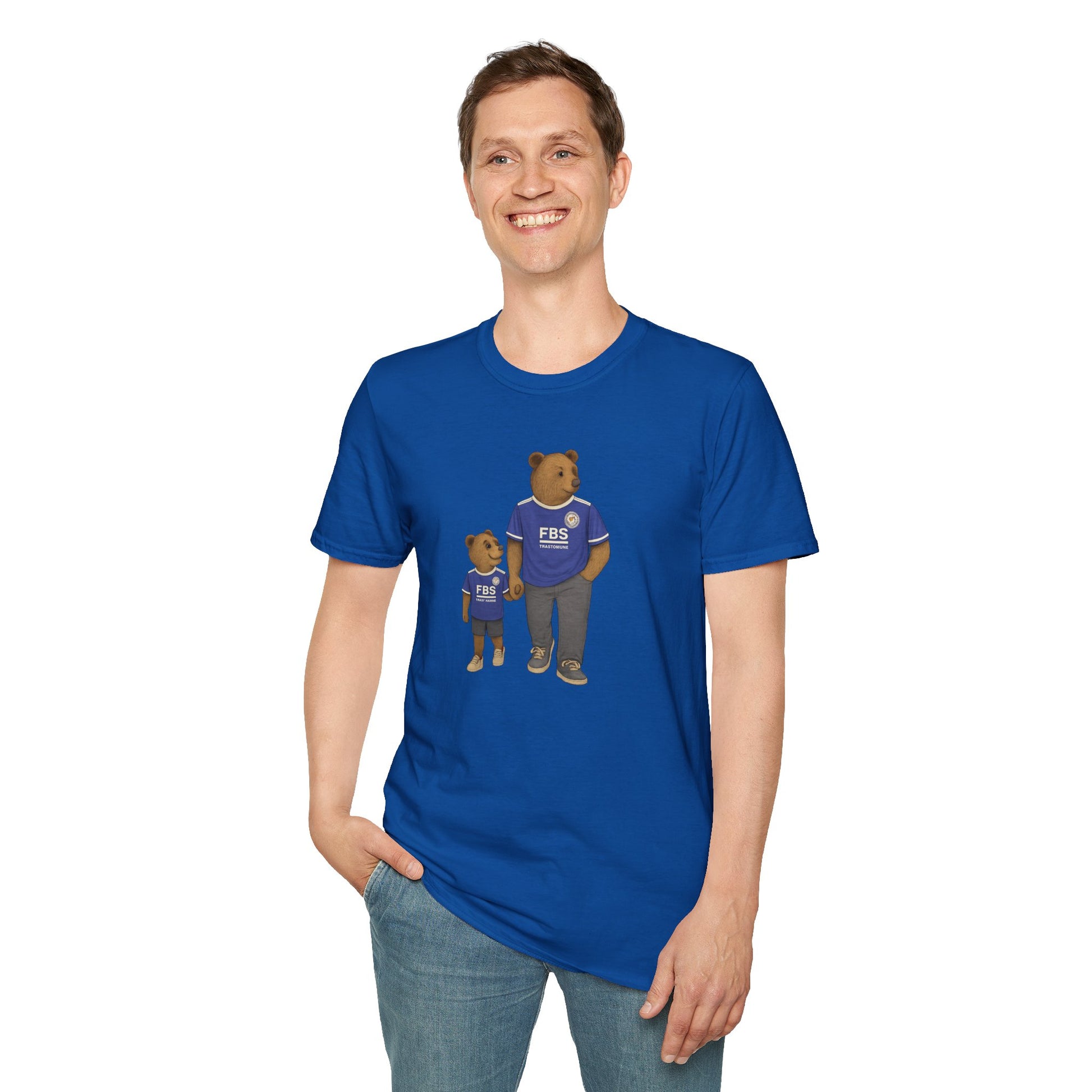 Smiling man wearing a blue t-shirt with bears in matching blue jerseys holding hands graphic