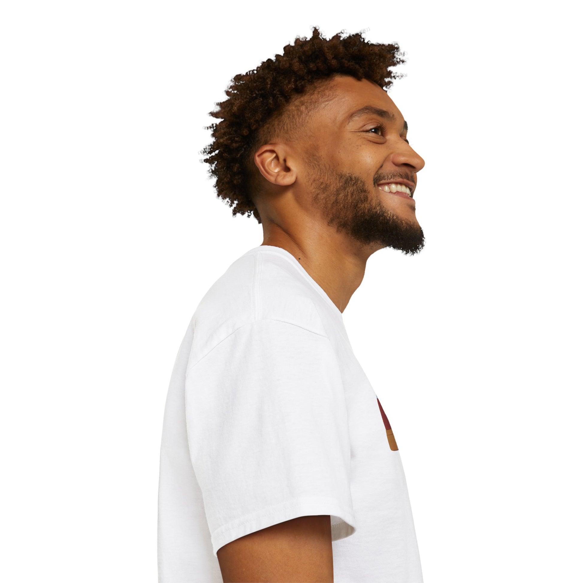 Smiling man with curly hair wearing white t-shirt against white background