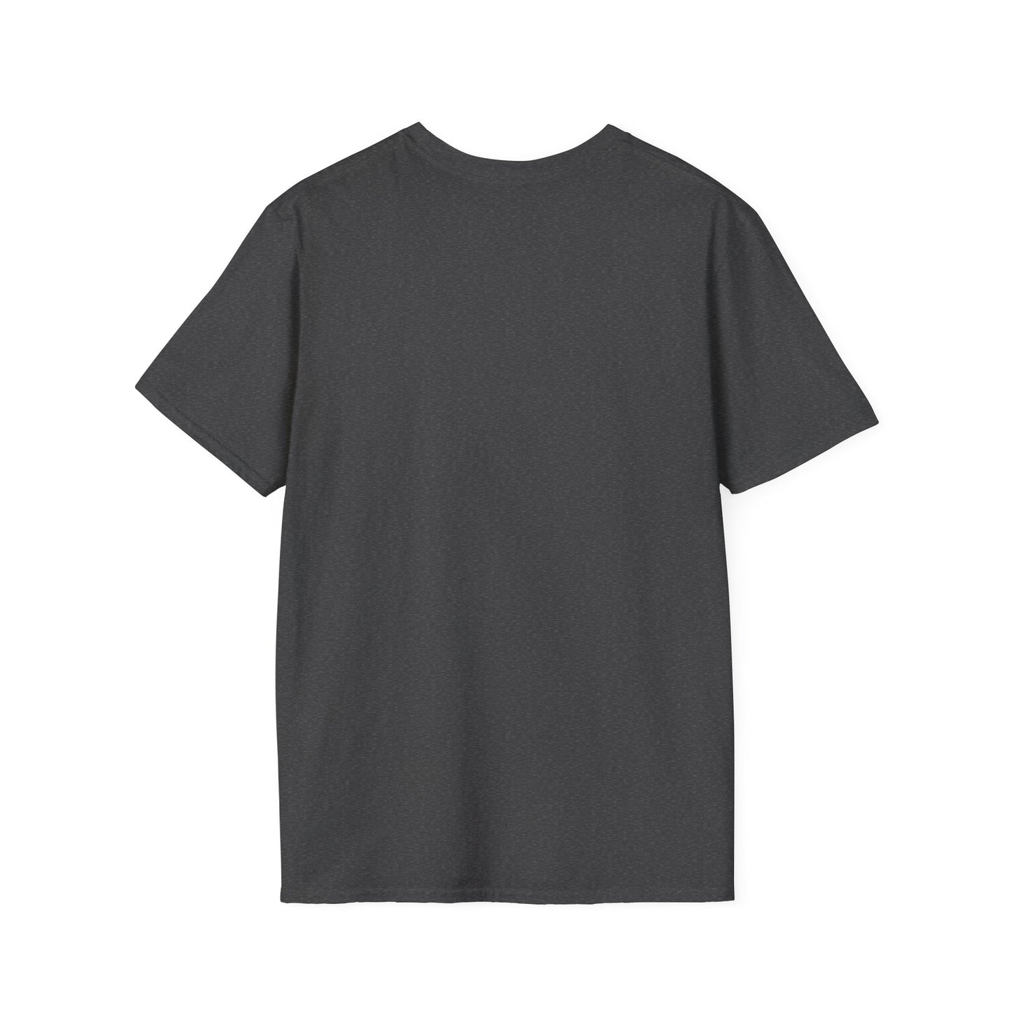 Back view of plain dark gray short sleeve casual t-shirt on white background