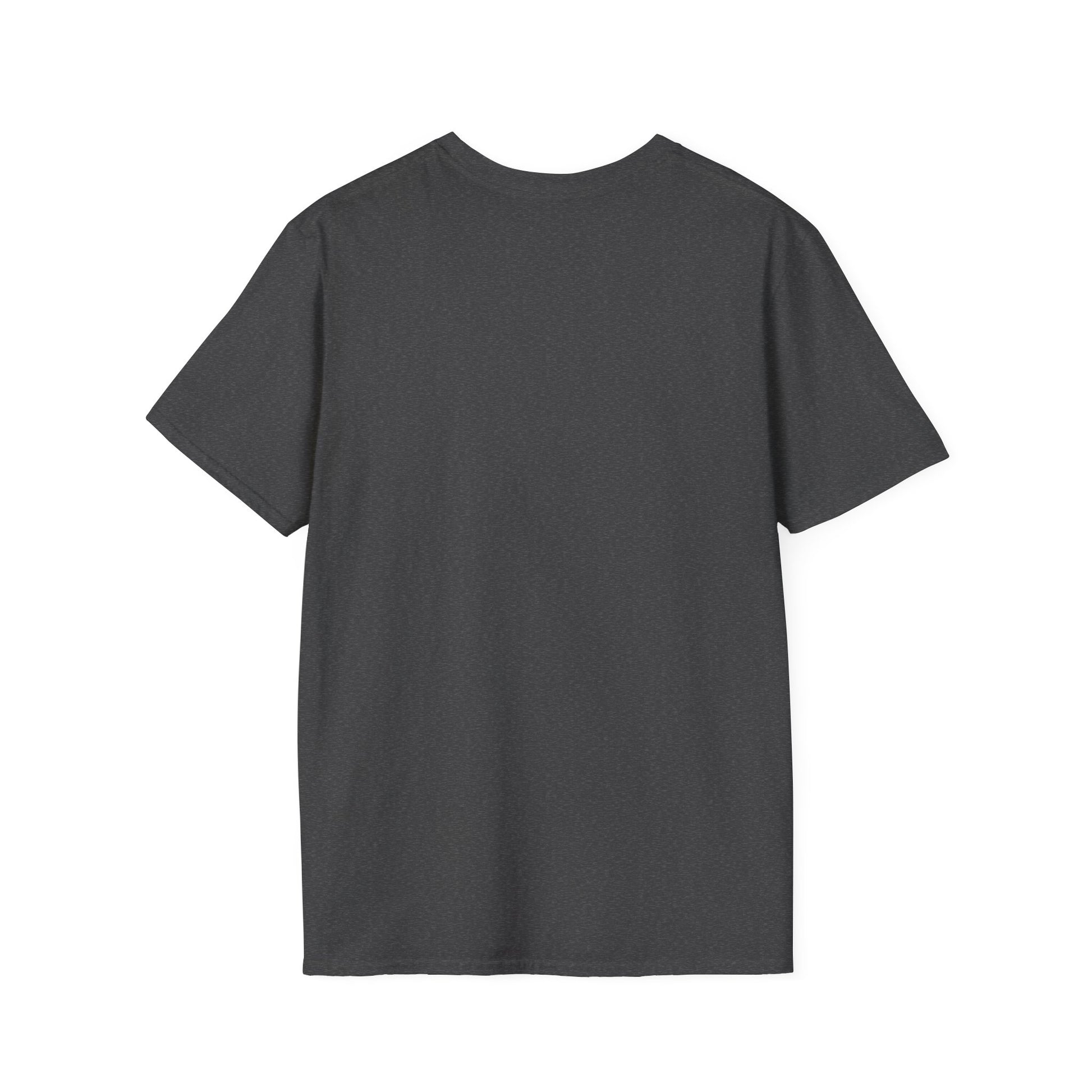 Back view of plain dark gray short sleeve casual t-shirt on white background