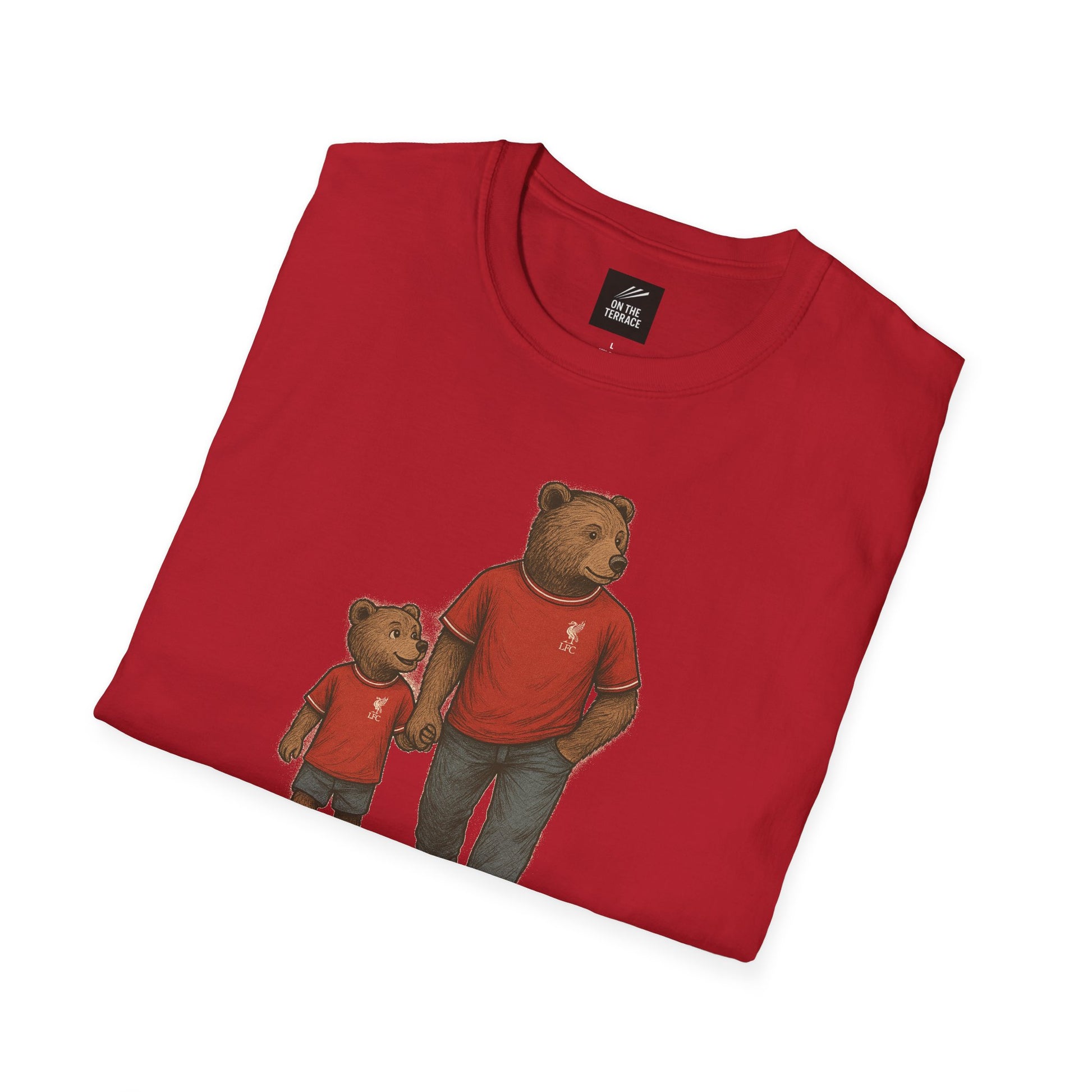 Liverpool T-Shirt in LFC red featuring a father and son bear graphic in matching outfits, ideal for football fans and family gift ideas.