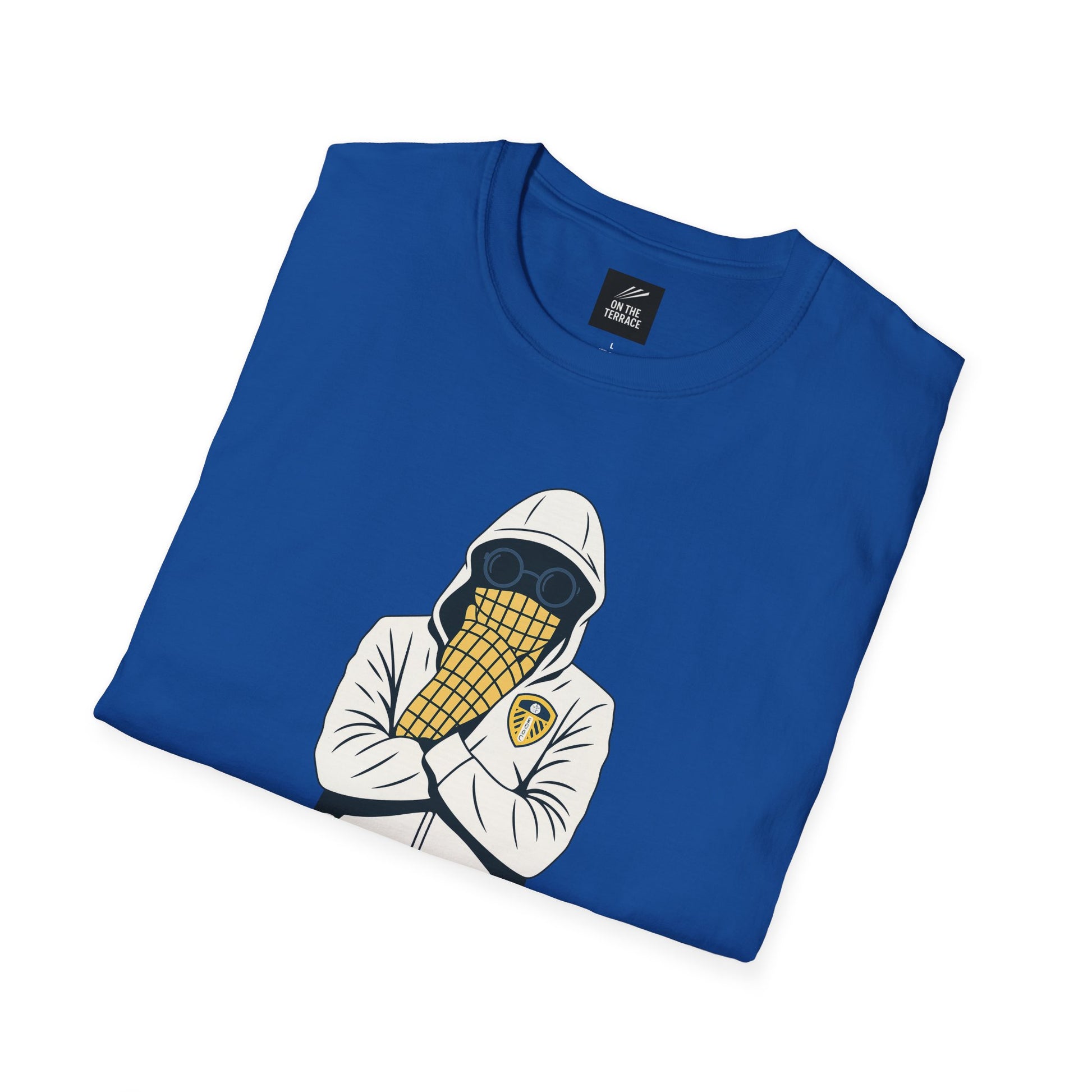 Blue t-shirt with graphic of hooded figure wearing glasses and Leeds United scarf crossing arms