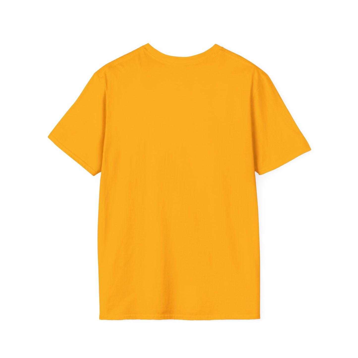 Plain vibrant yellow short-sleeve cotton t-shirt with crew neck shown from the back