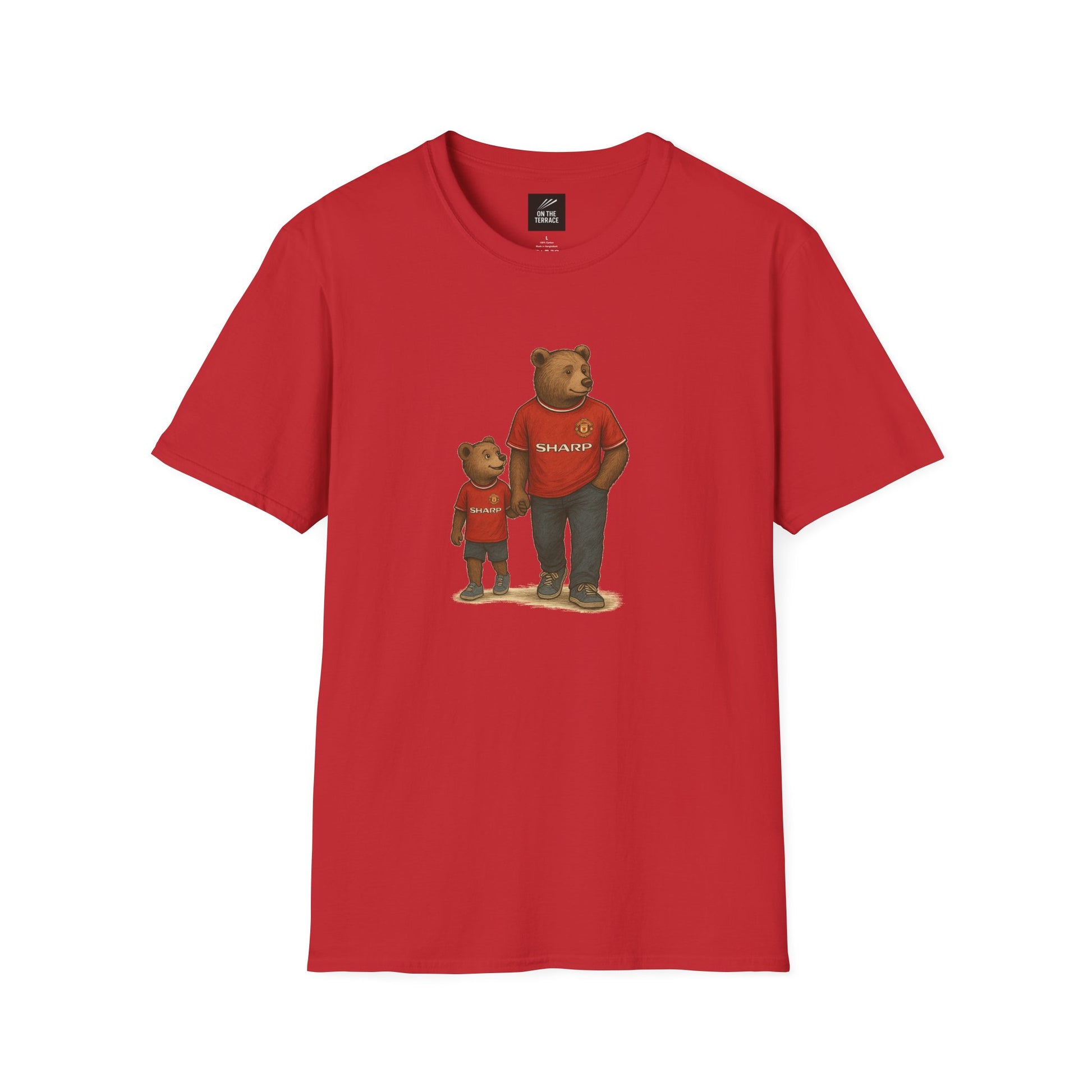 Man United Match T-Shirt in iconic red featuring father and son bears in vintage football kits. Soft cotton tee ideal for matchday fanwear.