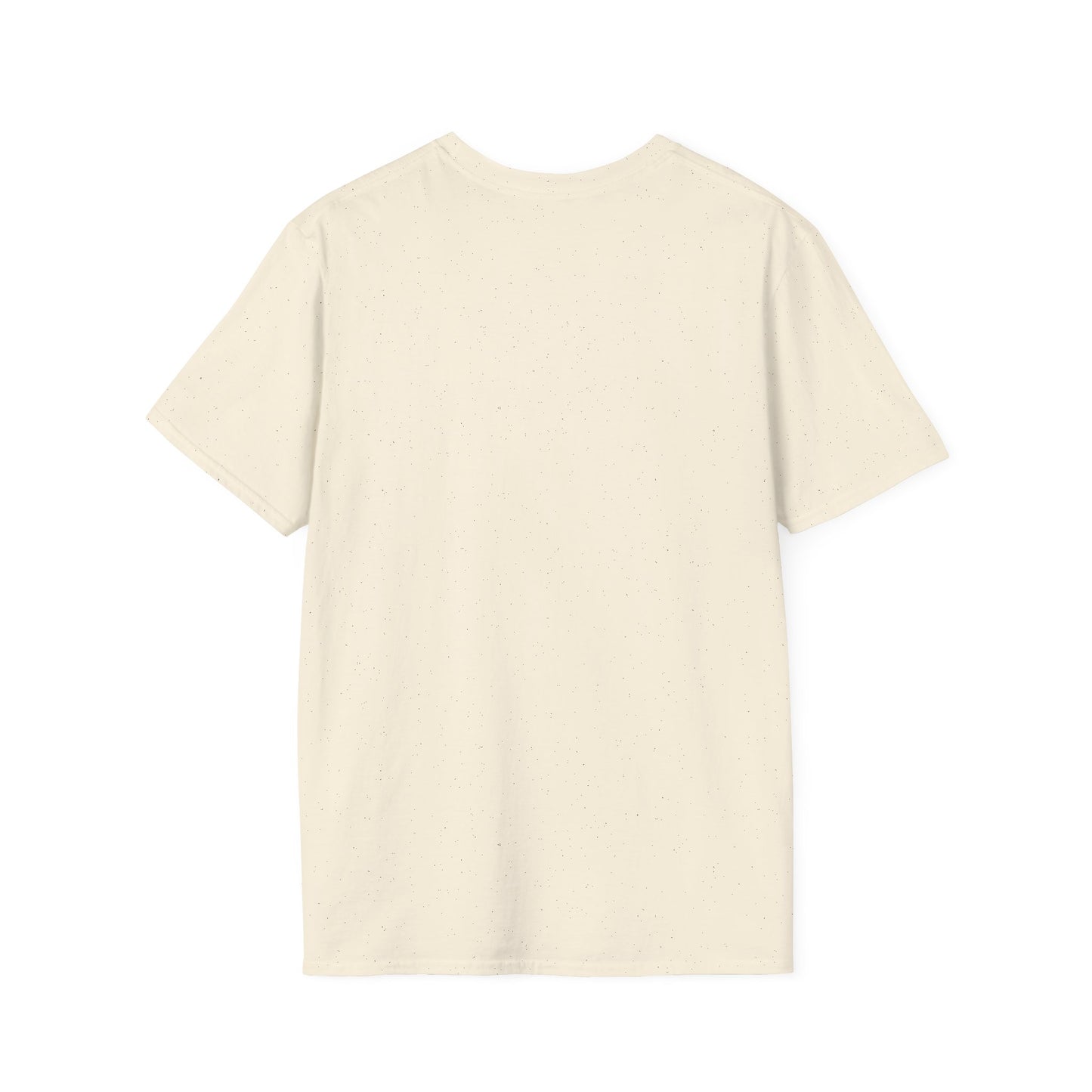 Back view of cream speckled short sleeve t-shirt with crew neckline on white background