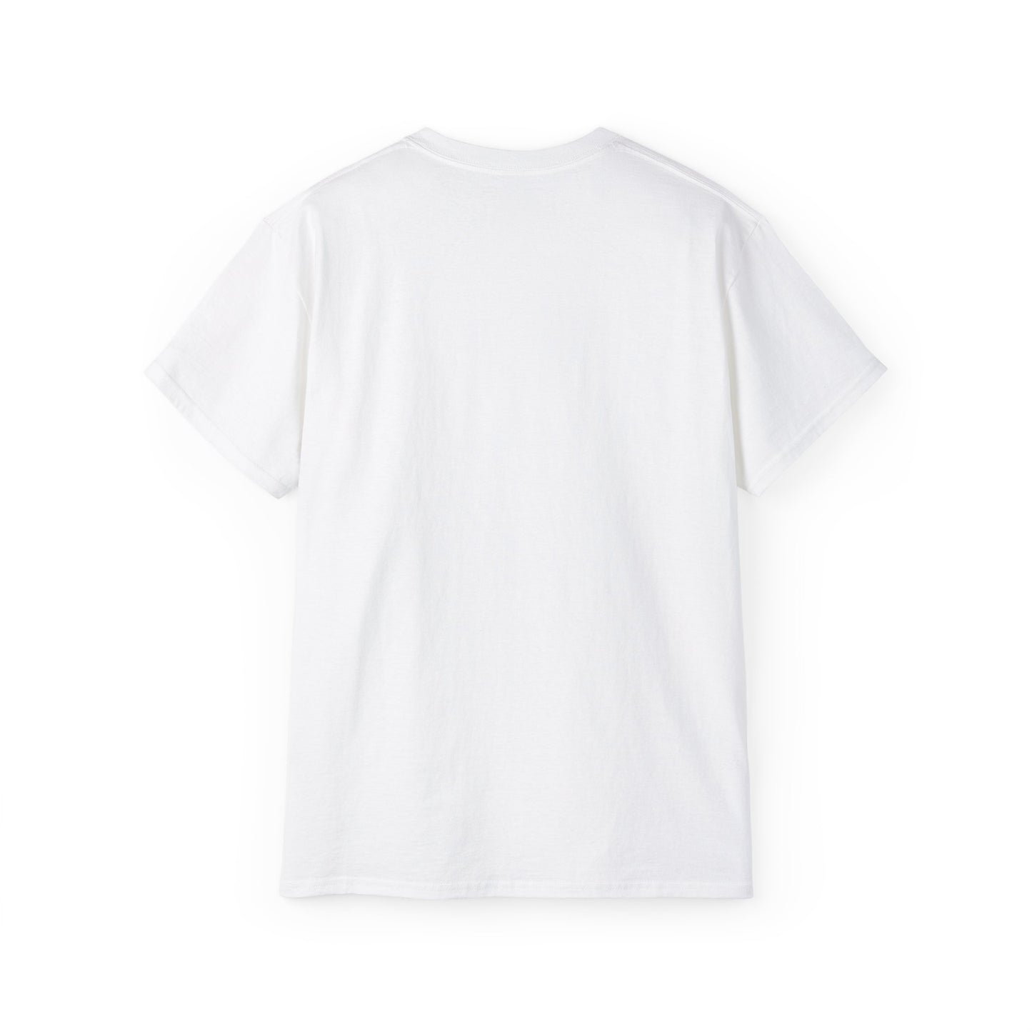 Plain white short sleeve cotton t-shirt laid flat showing the back side