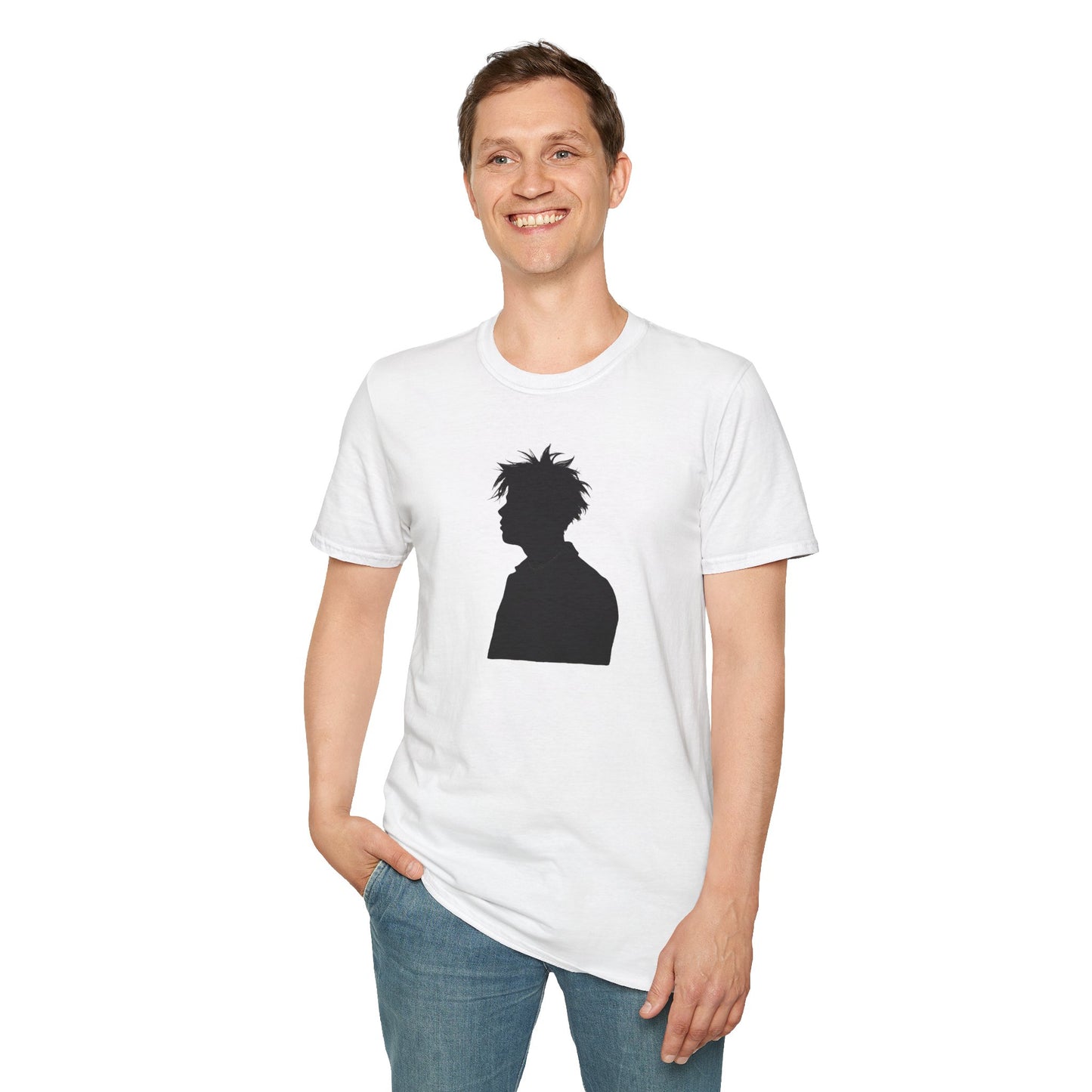 Smiling man wearing white t-shirt with black silhouette of messy-haired person profile