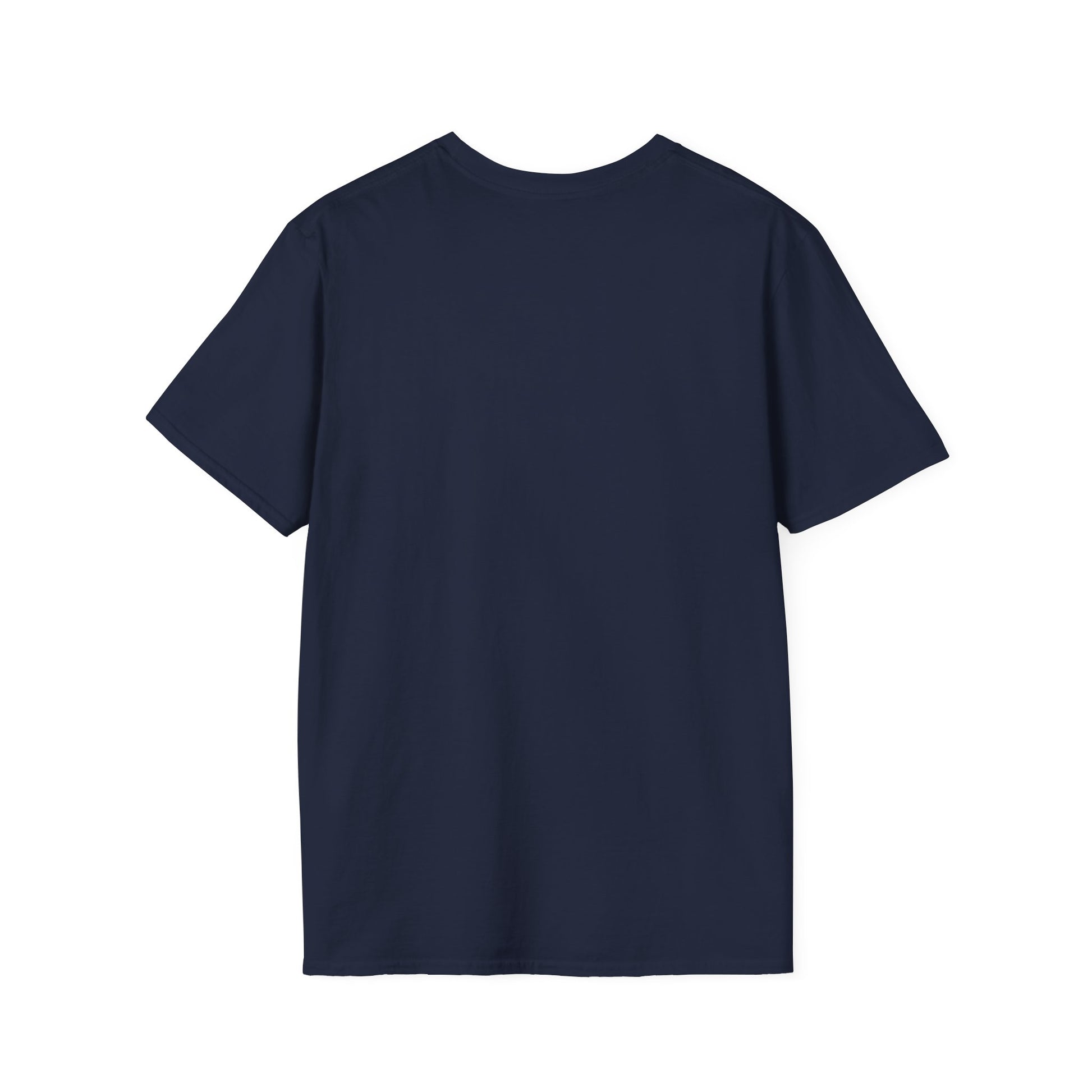 Back view of plain navy blue short-sleeve cotton T-shirt on white background