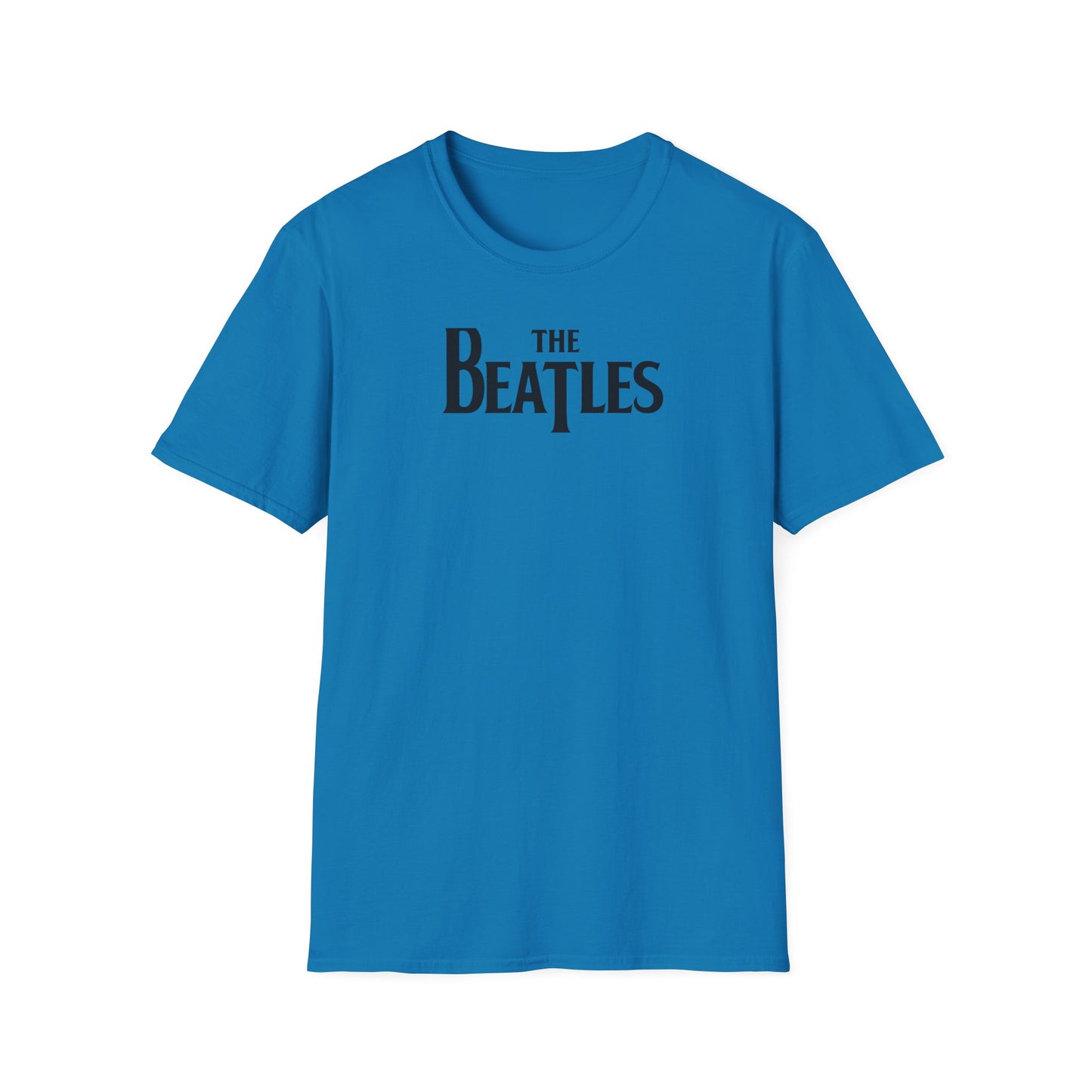 Blue t-shirt with 'The Beatles' logo on a white background