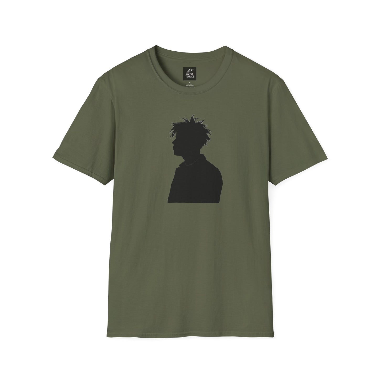 Olive green t-shirt with black silhouette of a person with spiky hair on front