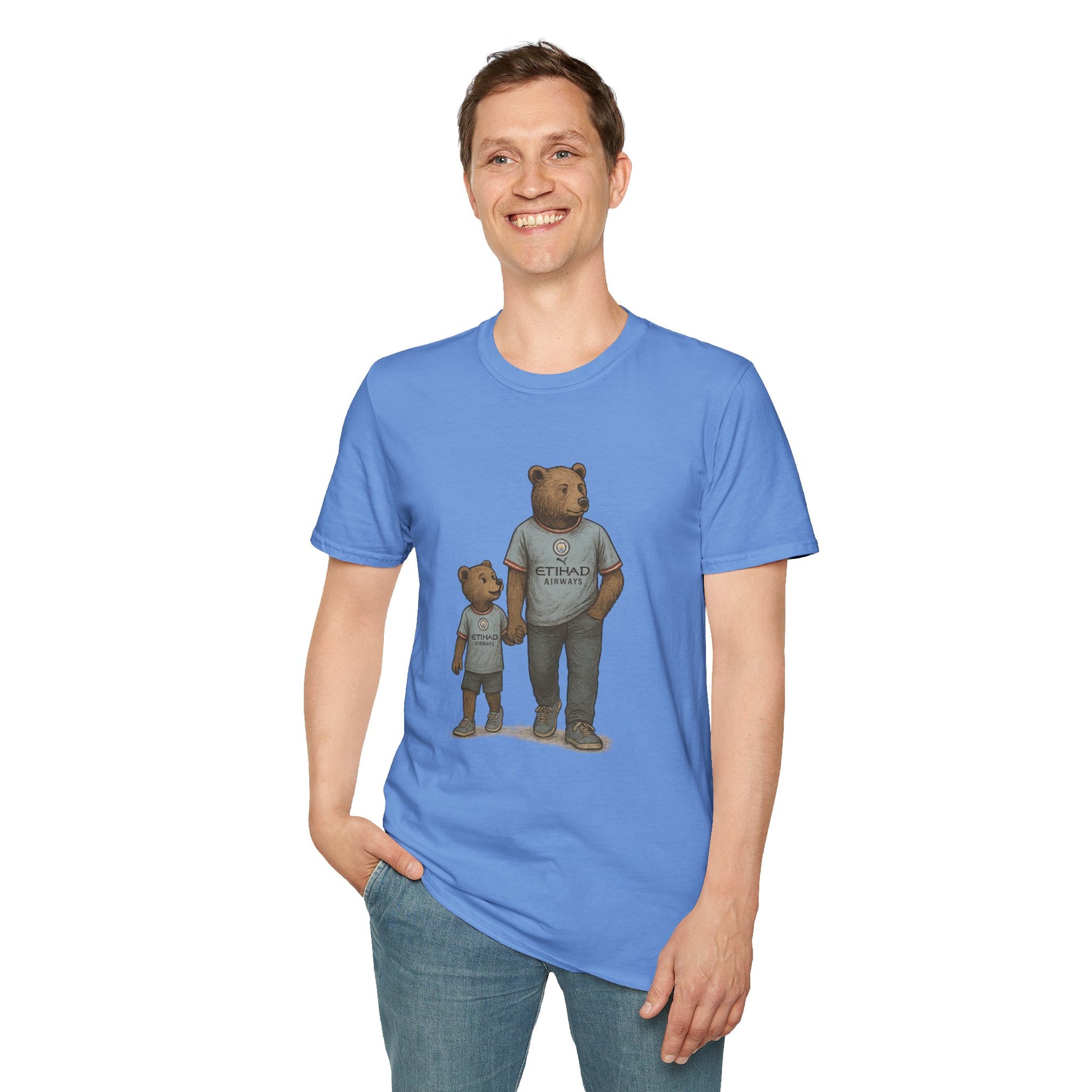 Smiling man wearing blue t-shirt with illustration of two bears in matching Etihad Airways shirts
