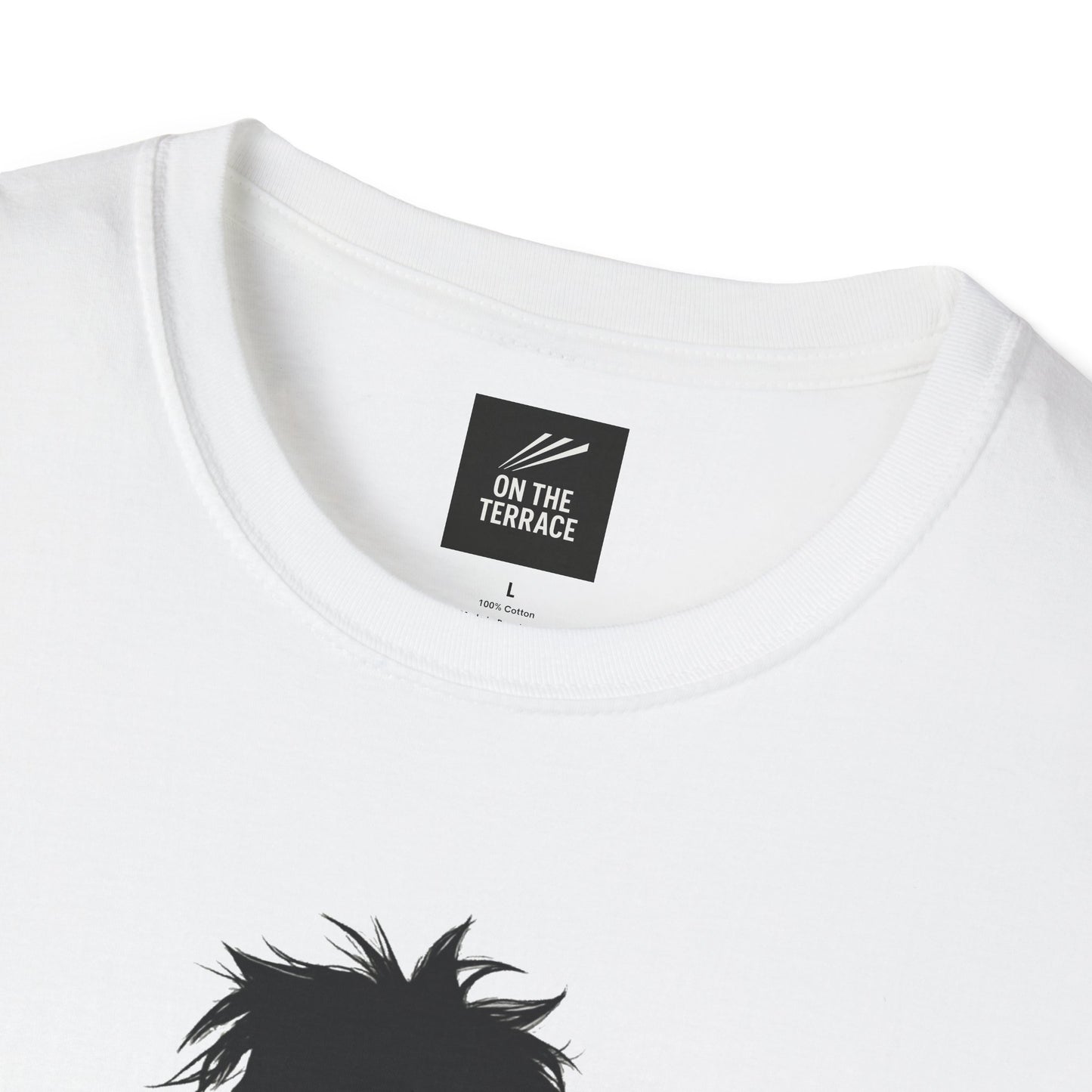 Close-up of white cotton t-shirt collar with black On The Terrace brand label and black graphic print