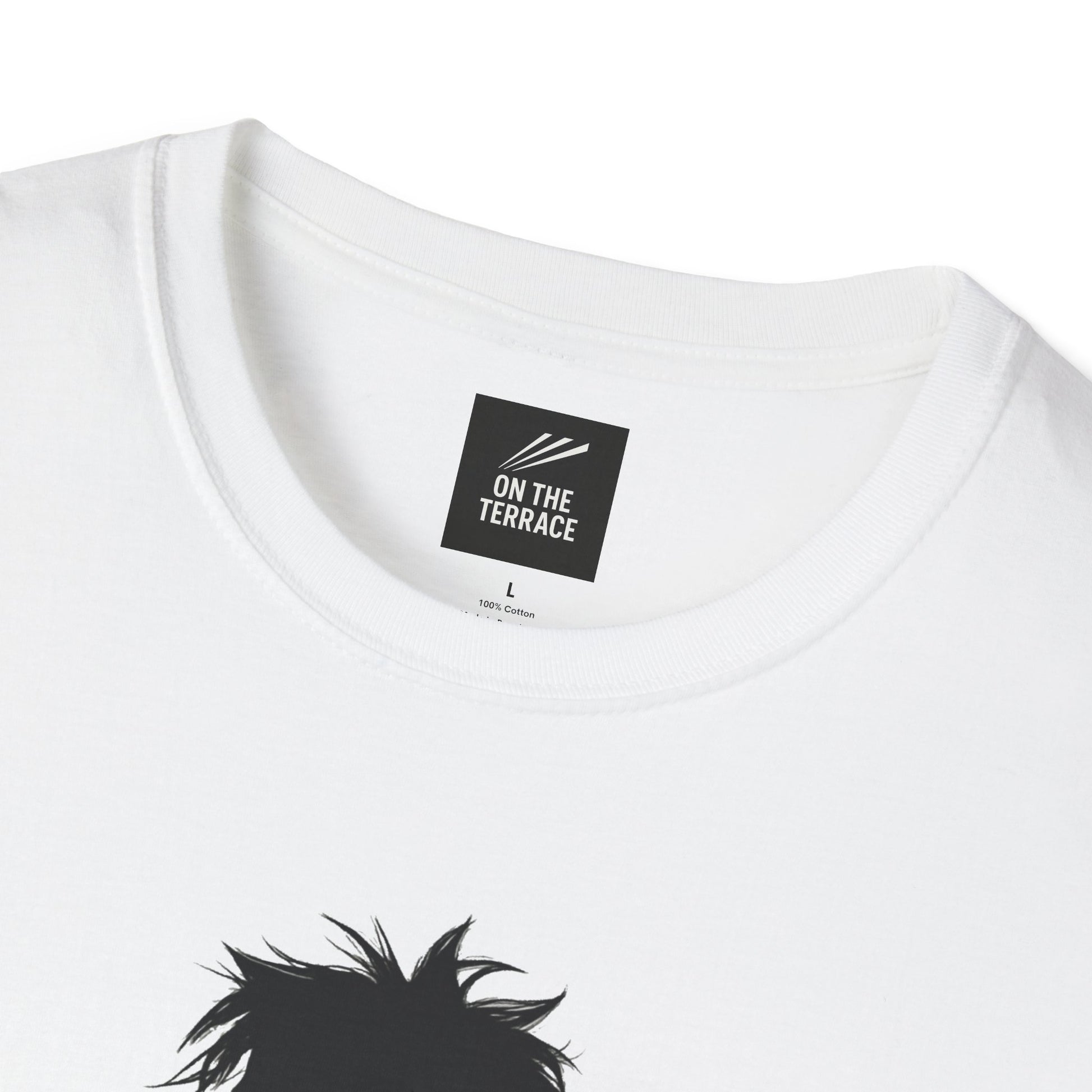 Close-up of white cotton t-shirt collar with black On The Terrace brand label and black graphic print