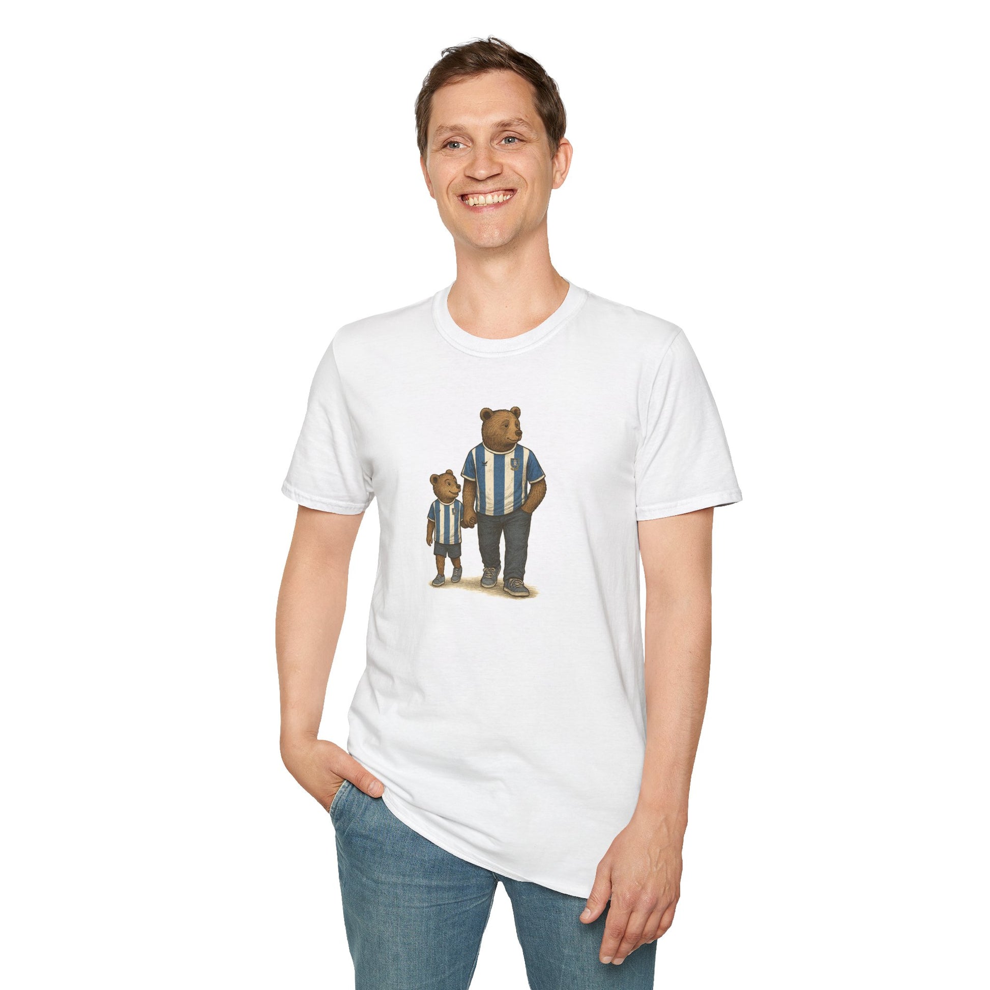 Smiling man wearing white t-shirt with illustration of father and son bears in blue striped shirts