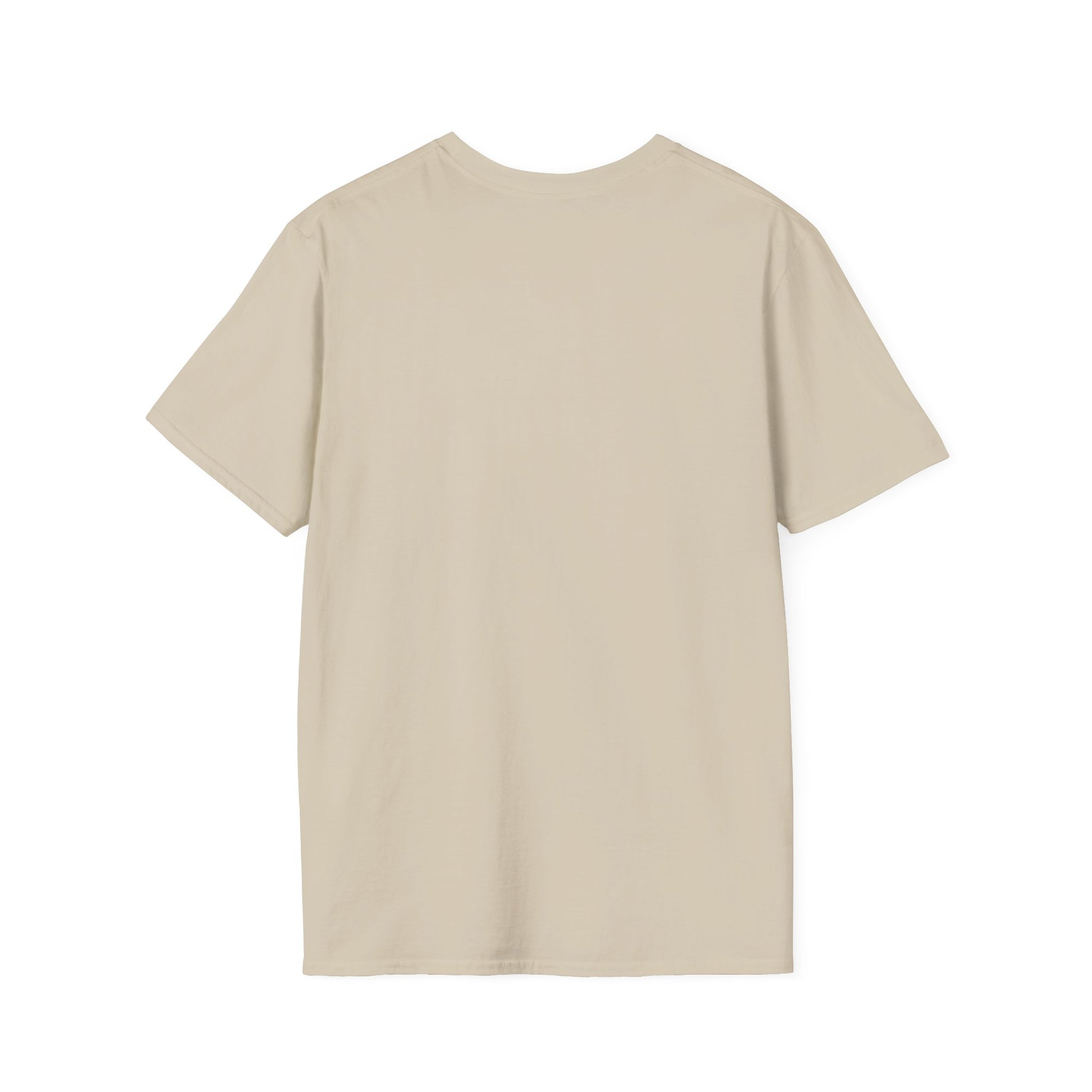 Back view of plain beige short sleeve cotton t-shirt on white background