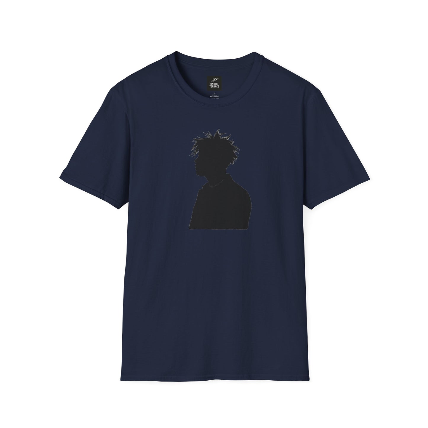 Navy blue T-shirt with a black silhouette graphic of a person with spiky hair on the front