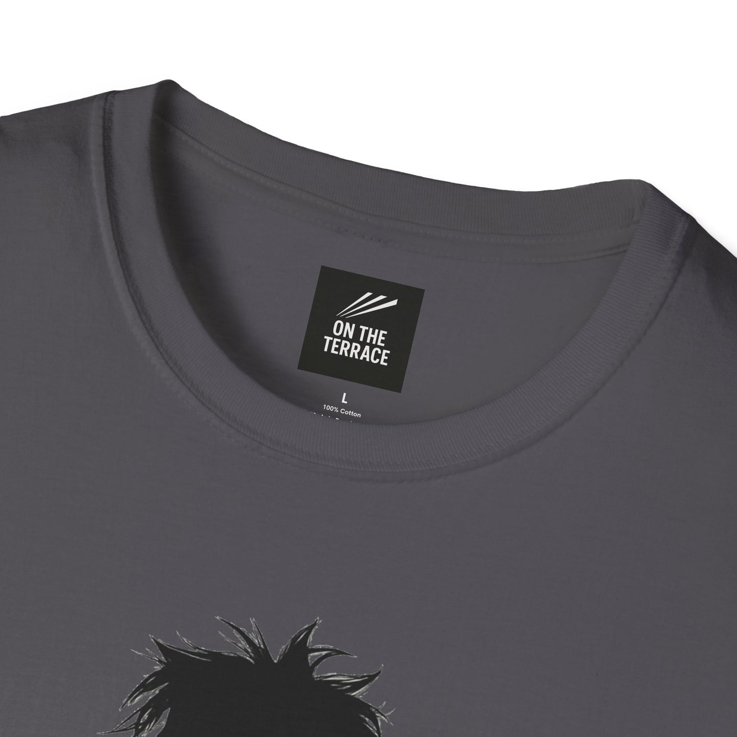 Grey cotton t-shirt with black On The Terrace brand label and illustration of spiky hair