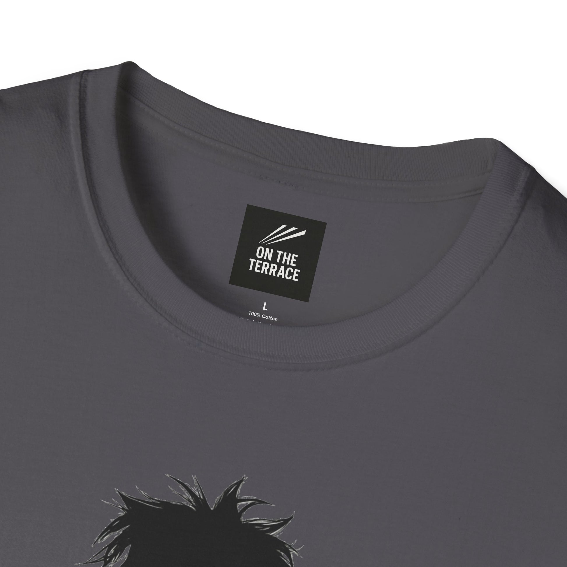 Grey cotton t-shirt with black On The Terrace brand label and illustration of spiky hair