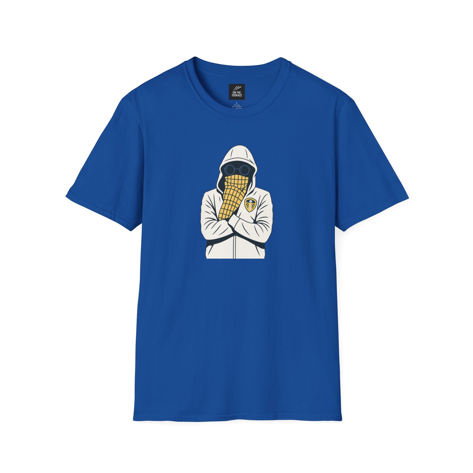 Blue t-shirt with graphic of hooded figure wearing sunglasses and Leeds United scarf covering face