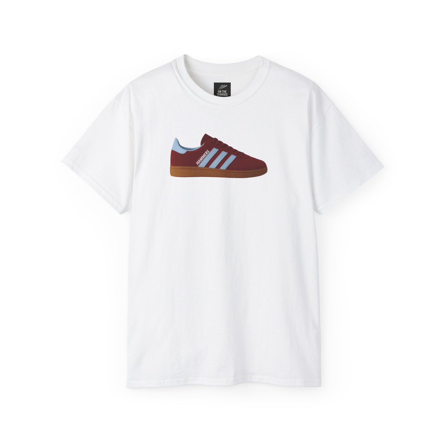 White t-shirt with graphic of burgundy and blue sneaker labeled Hammers on front