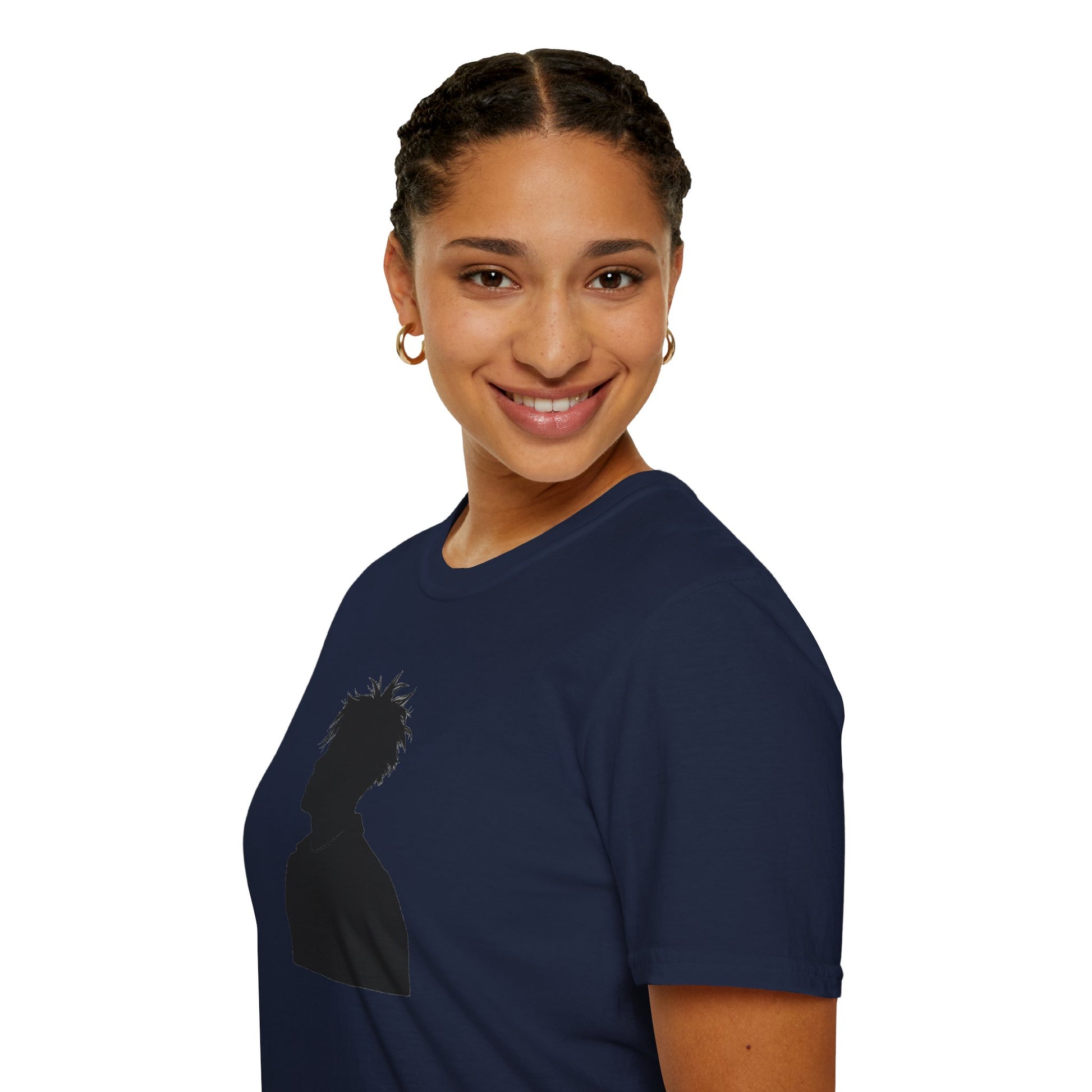 Smiling woman with braided hair wearing gold hoop earrings and a navy blue t-shirt with a black silhouette design