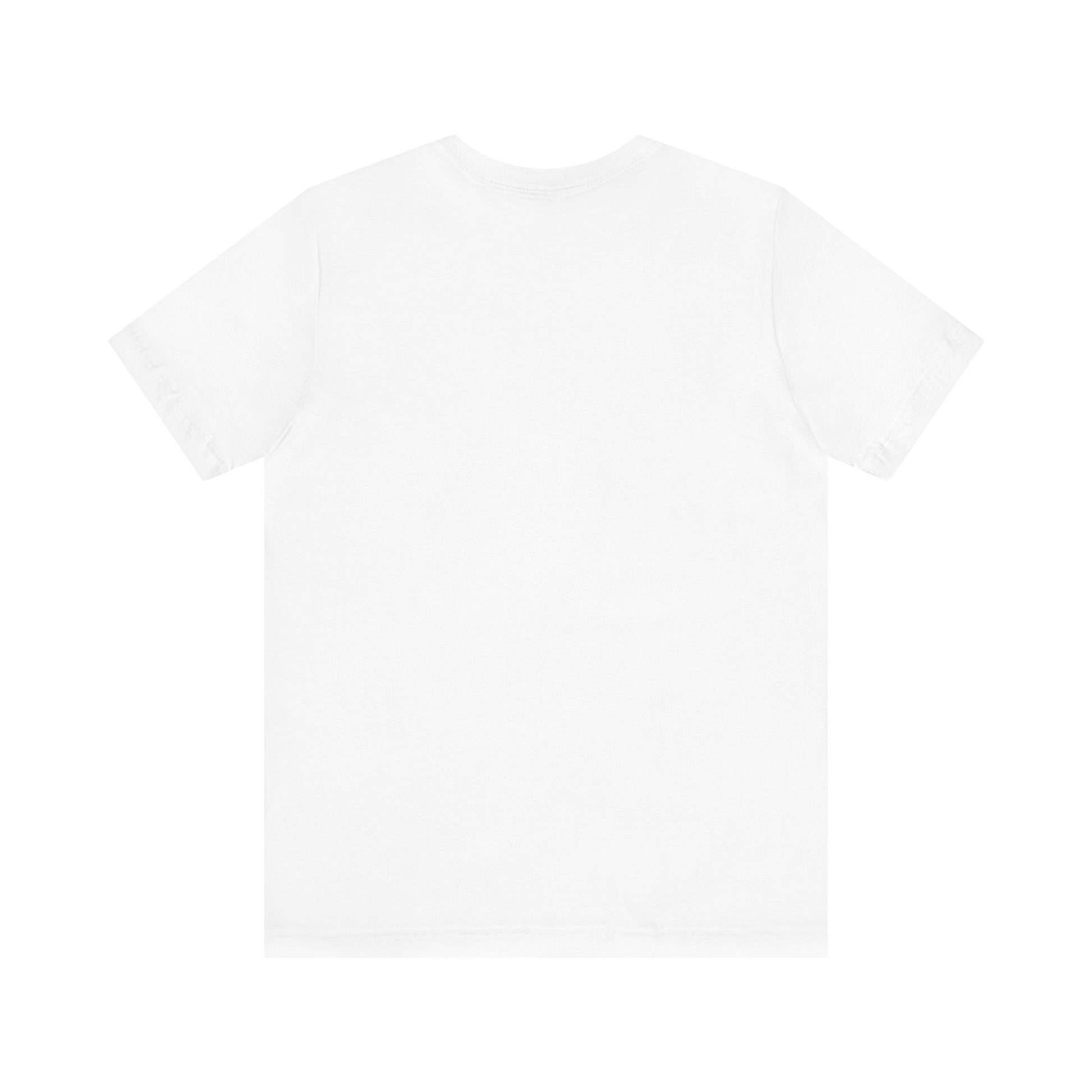 Plain white short-sleeve t-shirt laid flat showing back side on white background