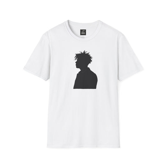 White t-shirt with black silhouette of a spiky-haired person in profile on front