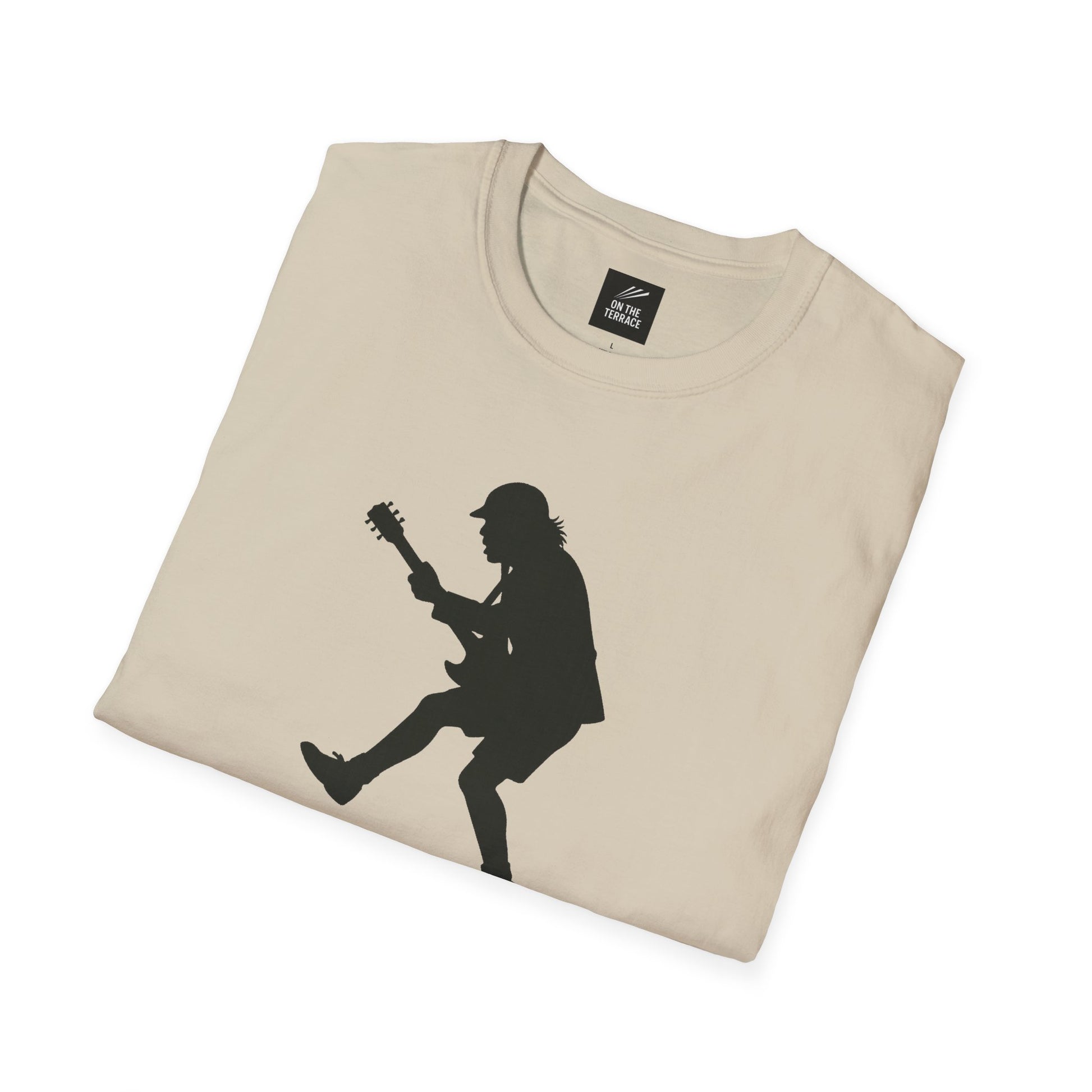 Beige t-shirt with black silhouette of guitarist in mid-jump print, folded flat