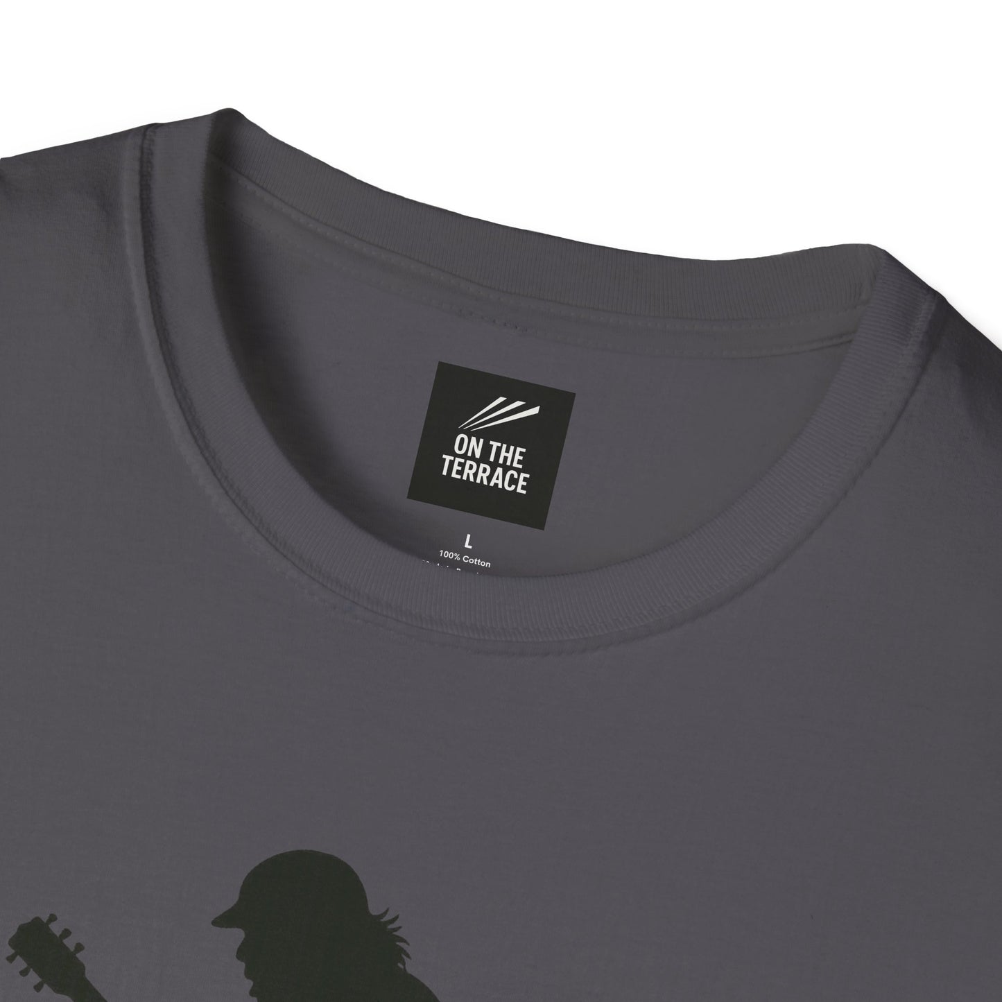 Close-up of grey cotton T-shirt collar with On The Terrace brand label and silhouette graphic