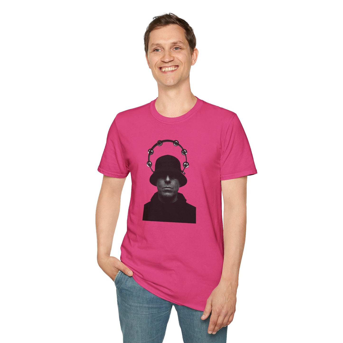 Oasis Liam Gallagher Shirt in pink with bold black silhouette and tambourine halo, perfect for Britpop fans and music fashion lovers.
