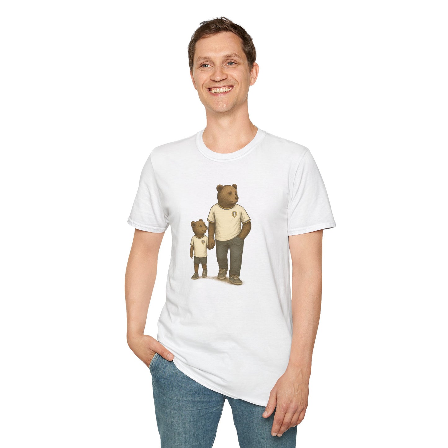 Smiling man wearing white t-shirt with bear father and cub illustration, casual jeans