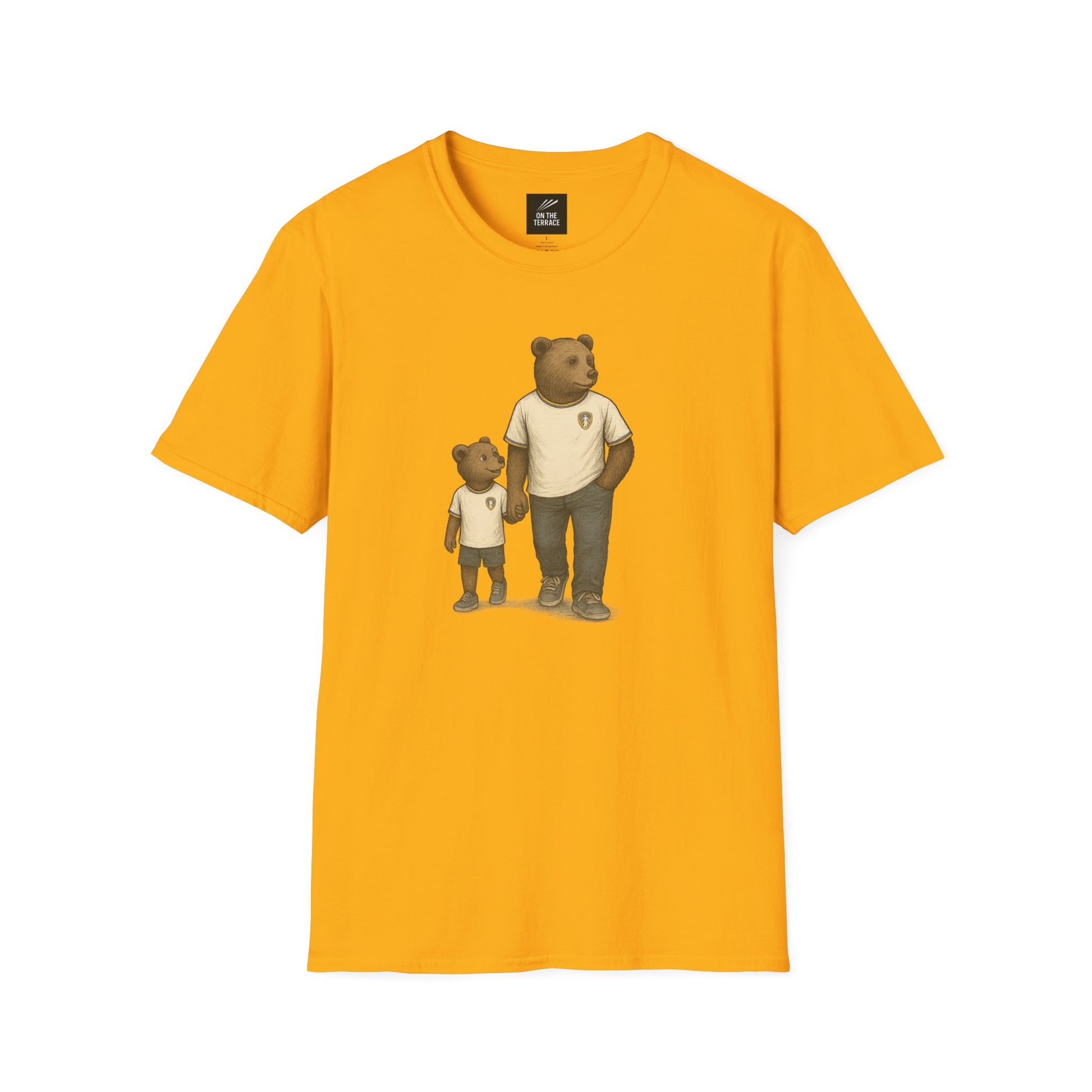 Yellow t-shirt with artwork of two bears holding hands wearing casual white shirts and sneakers