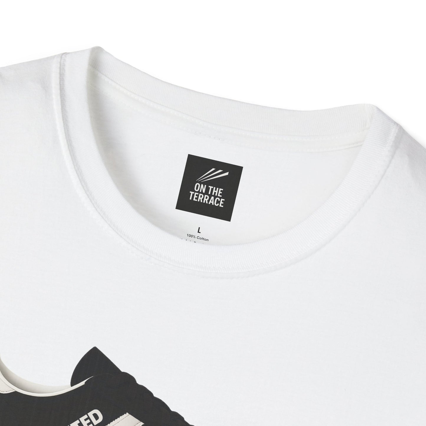 White cotton t-shirt with black tag labeled On The Terrace and shoe graphic at neckline