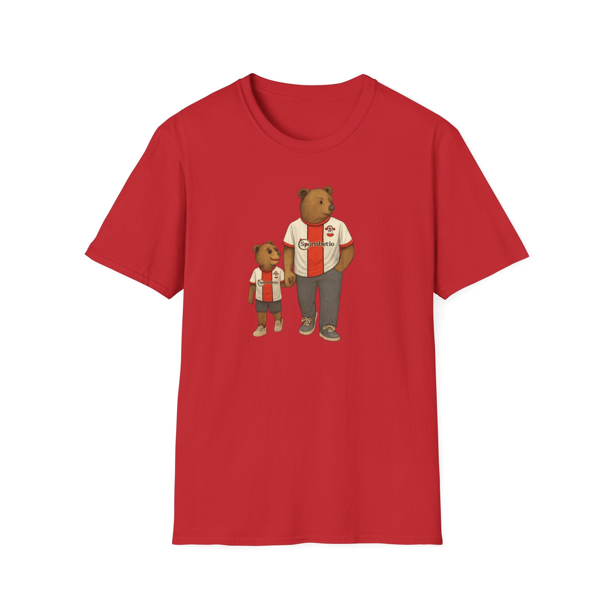 Red t-shirt with illustration of two bears wearing matching sports jerseys holding hands