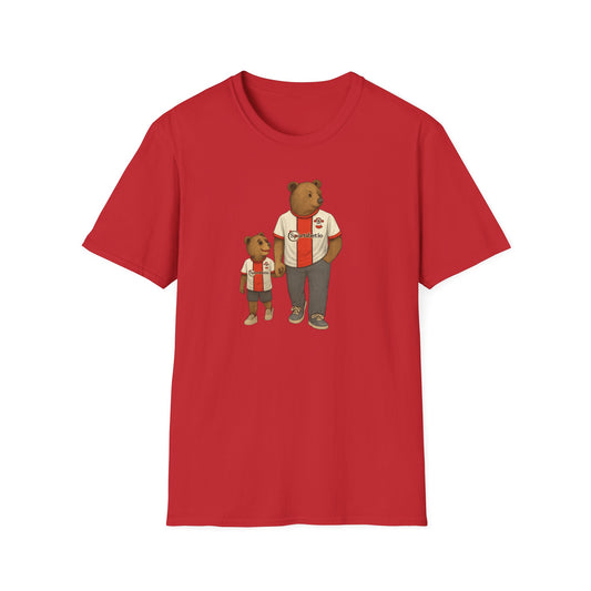 Red t-shirt with illustration of two bears wearing matching sports jerseys holding hands